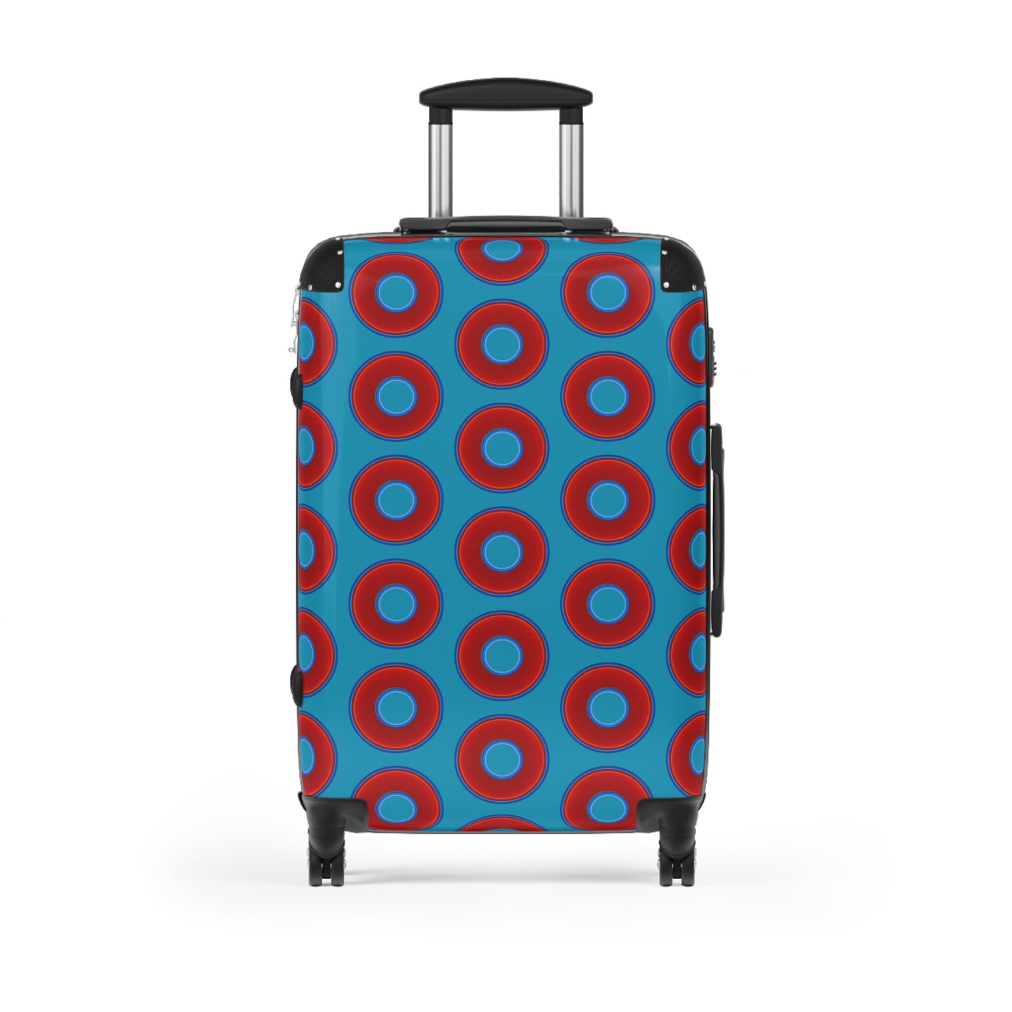 Very Lumpy Donut Suitcase series - your choice of S, M or L - vivid red donut print w/aquamarine blue background