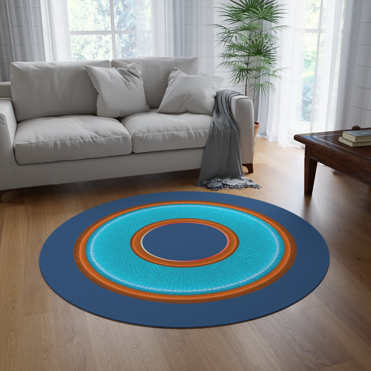 Round Room - 5 ft x 5 ft Lumpy Donut Rug - "Plain Donut" - rustic light blue/orange donut w/light navy background