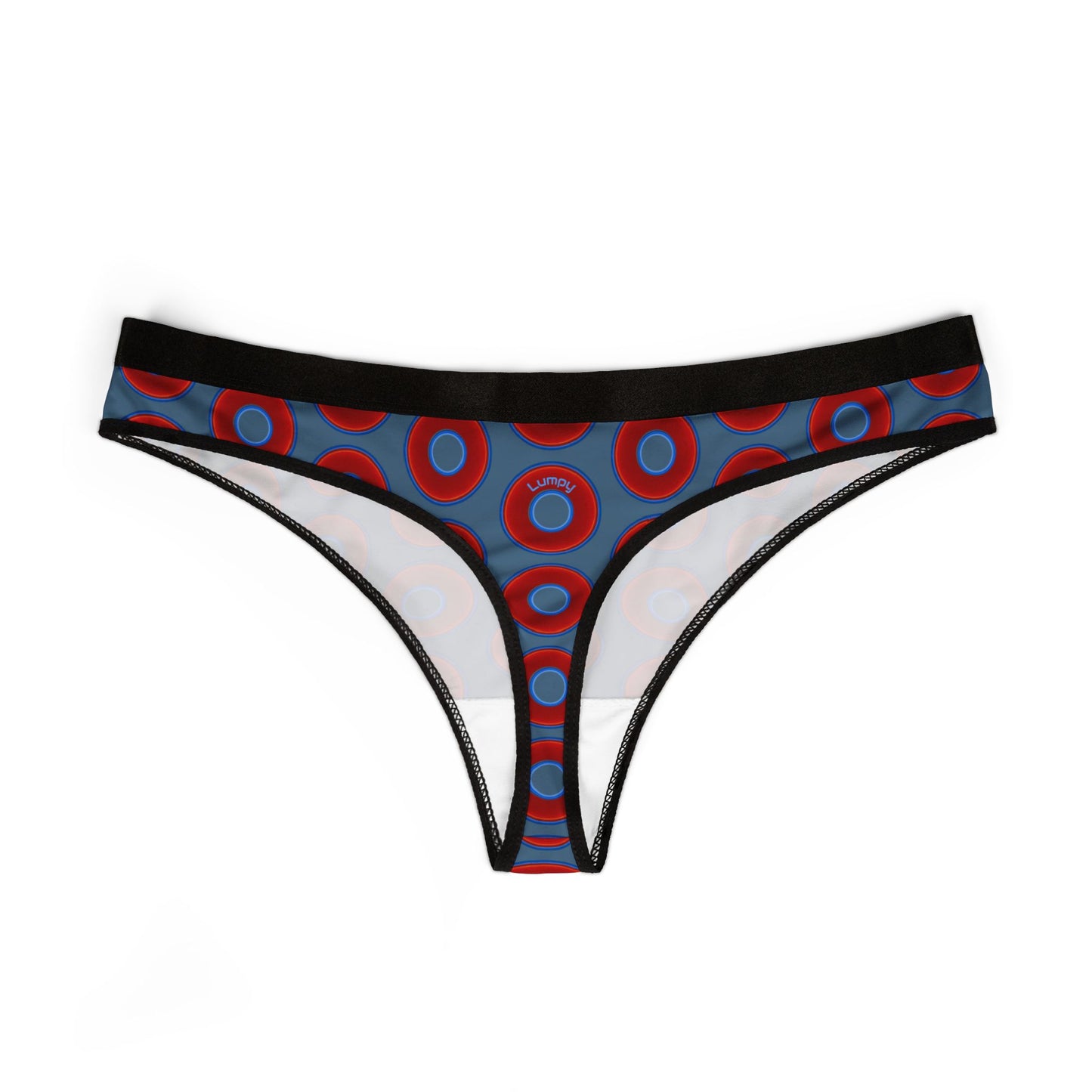 Lumpy Donut Thongs - red vivid donut print w/steel blue background