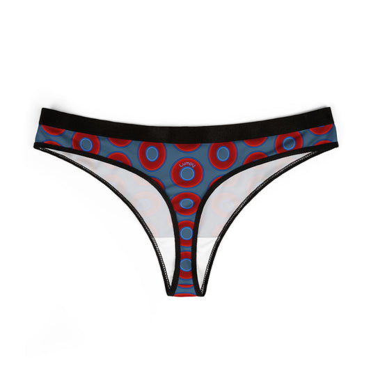 Lumpy Donut Thongs - red vivid donut print w/steel blue background