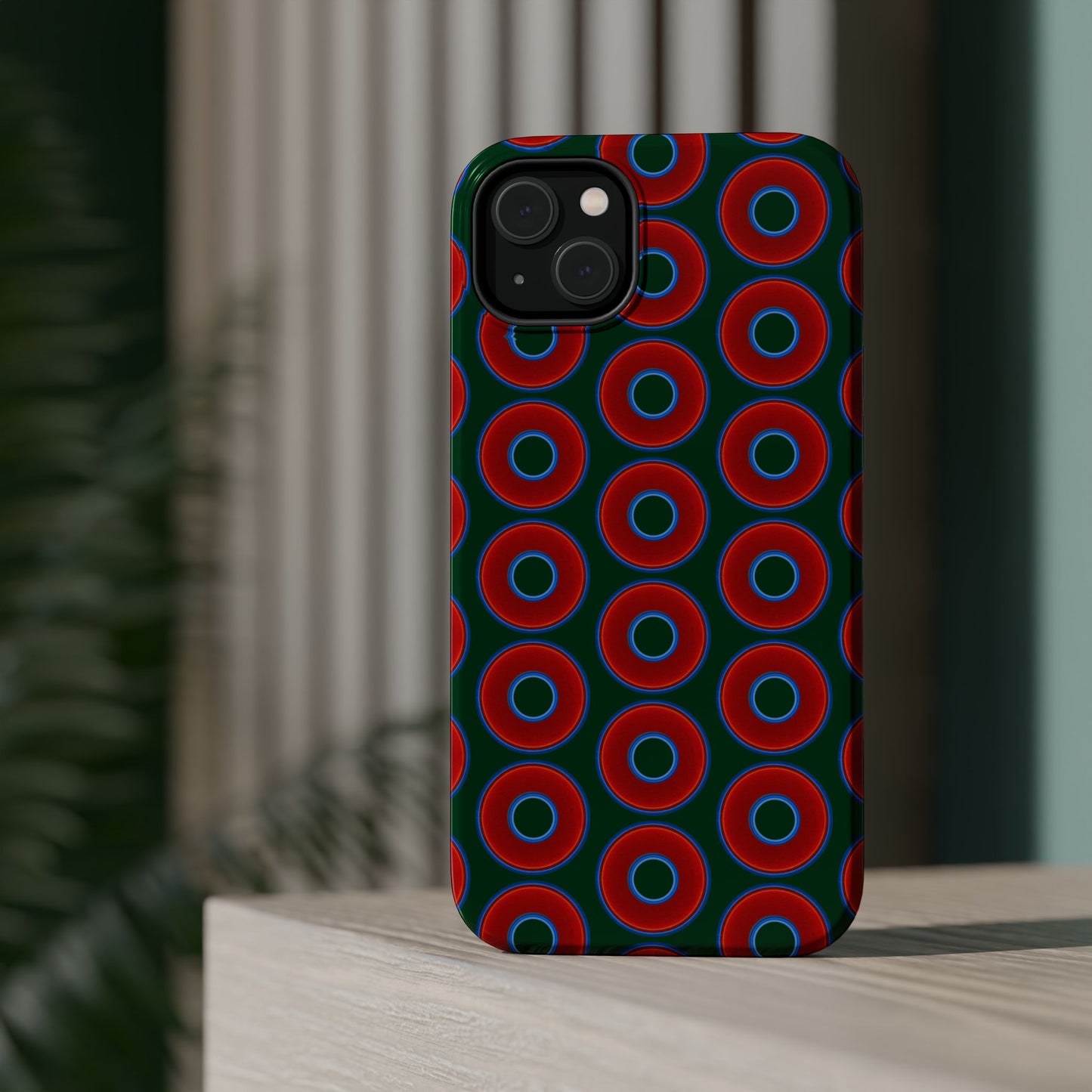 Magnetic Tough Donut Case - red vivid donut print w/deep pond green background
