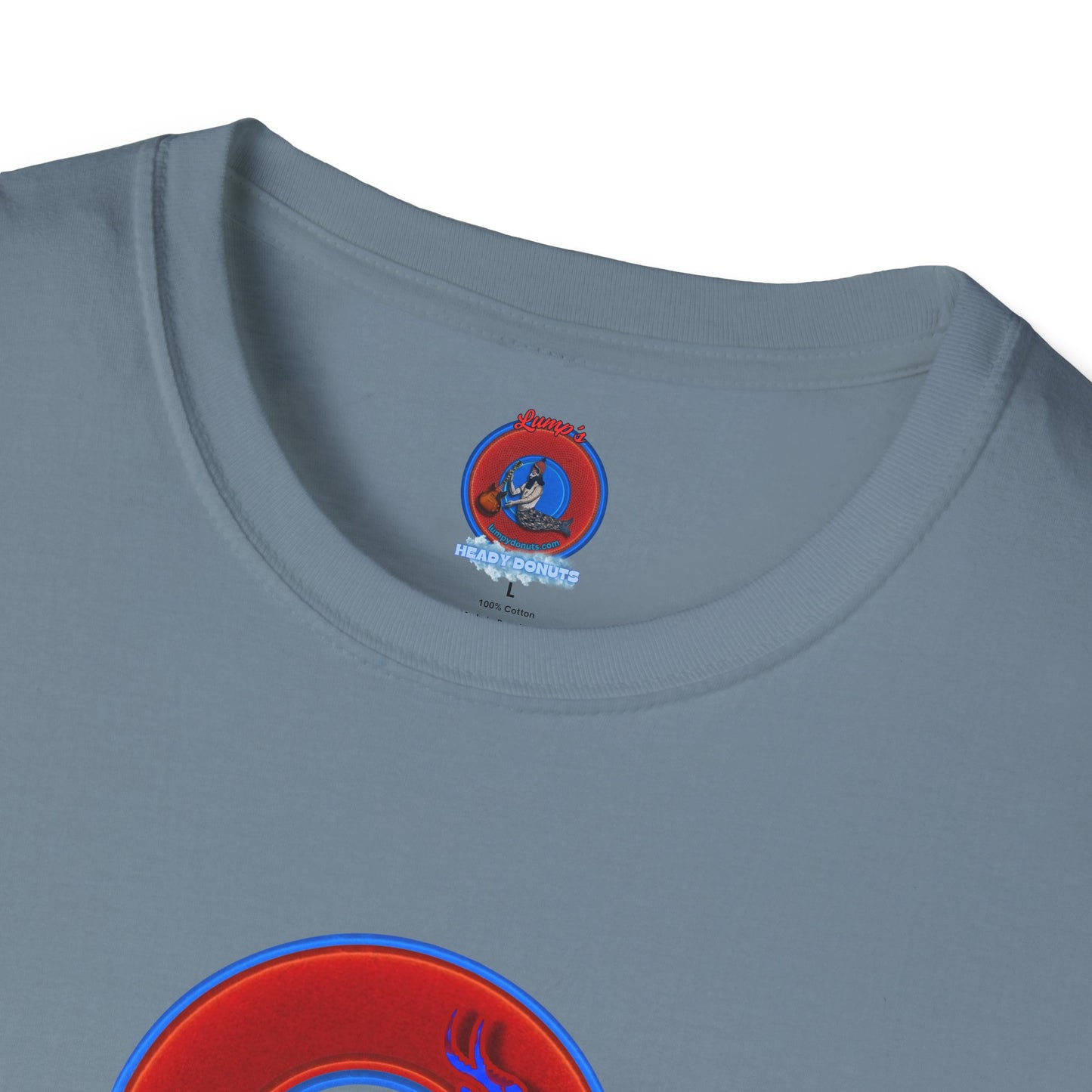 Classic Donut Tee - Unisex Soft-Style - "Out of Control Donut" - vivid red donut - variant 2 "jumping on through"