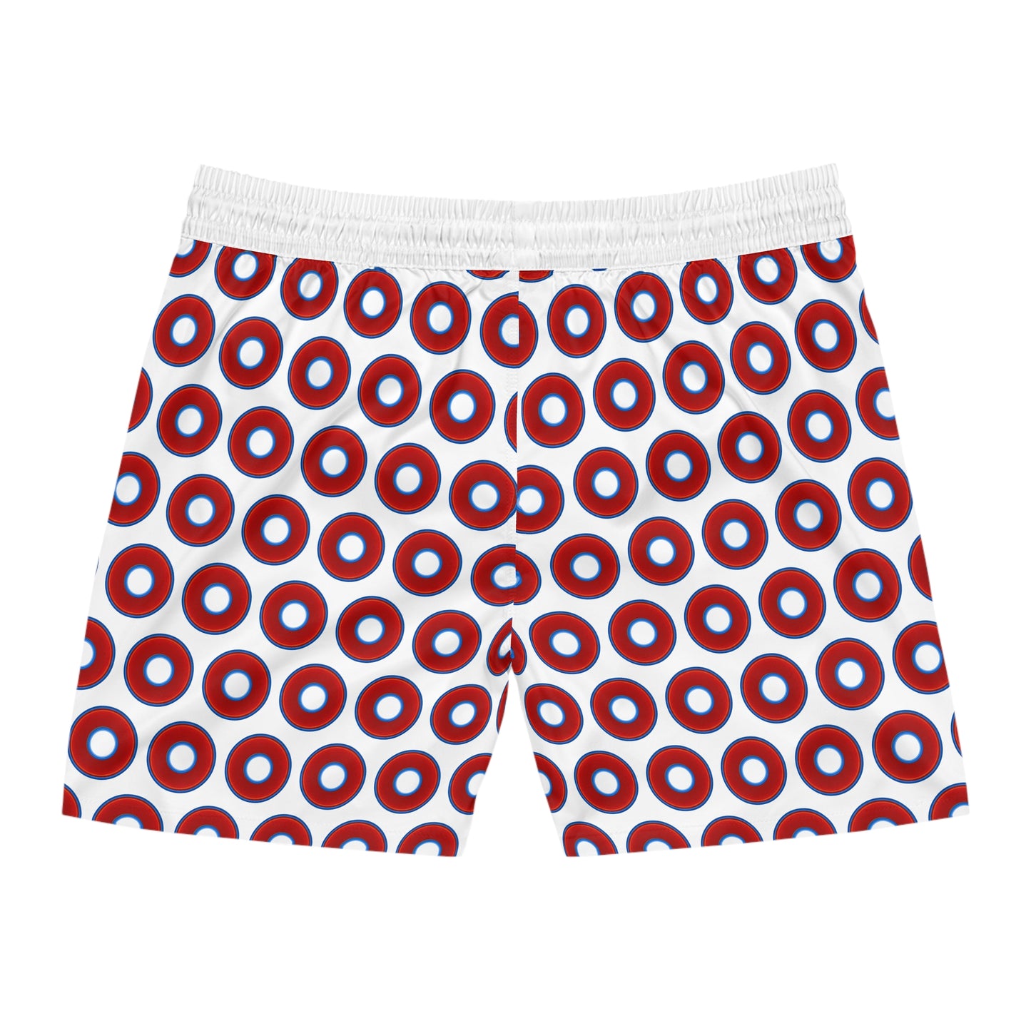 Men's Lumpy Swim Trunks - vivid red donut print w/white background