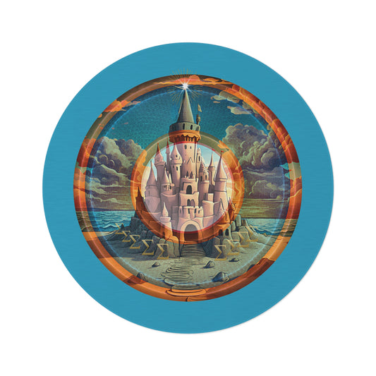 Round Room - 5 ft x 5 ft Lumpy Donut Rug - "The Donut Rug that Tides Never Reached" - vivid orange/blue pic donut w/turquoise background - variant 1