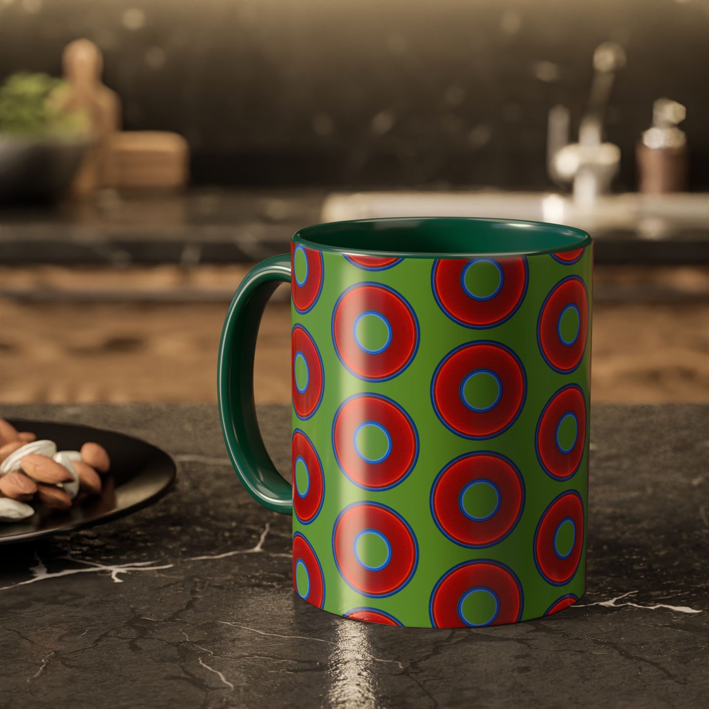 Lump's Grumpy Coffee Mug - vivid red donuts w/light green background