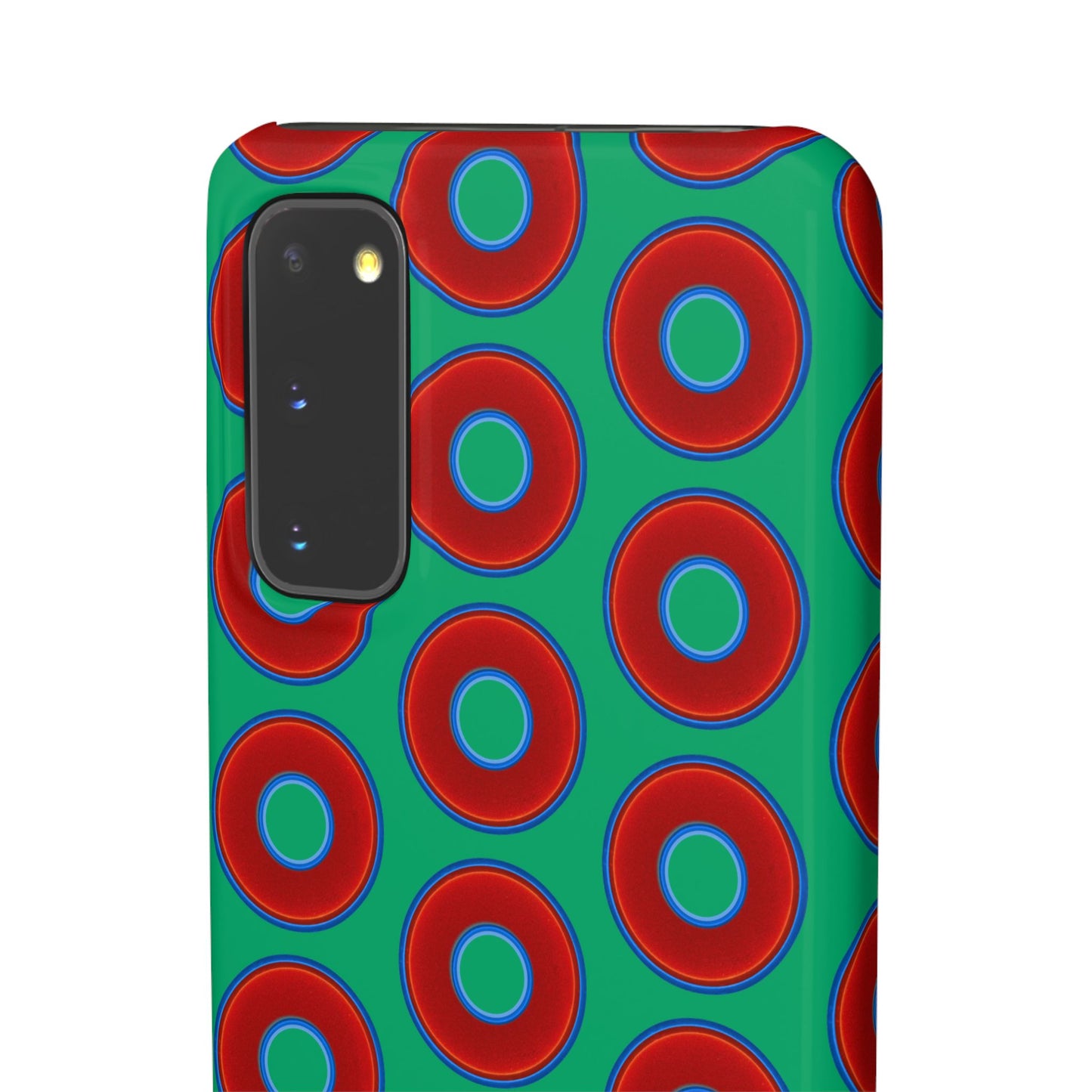 Lumpy Donut Snap Case - red vivid donut print w/jade green background