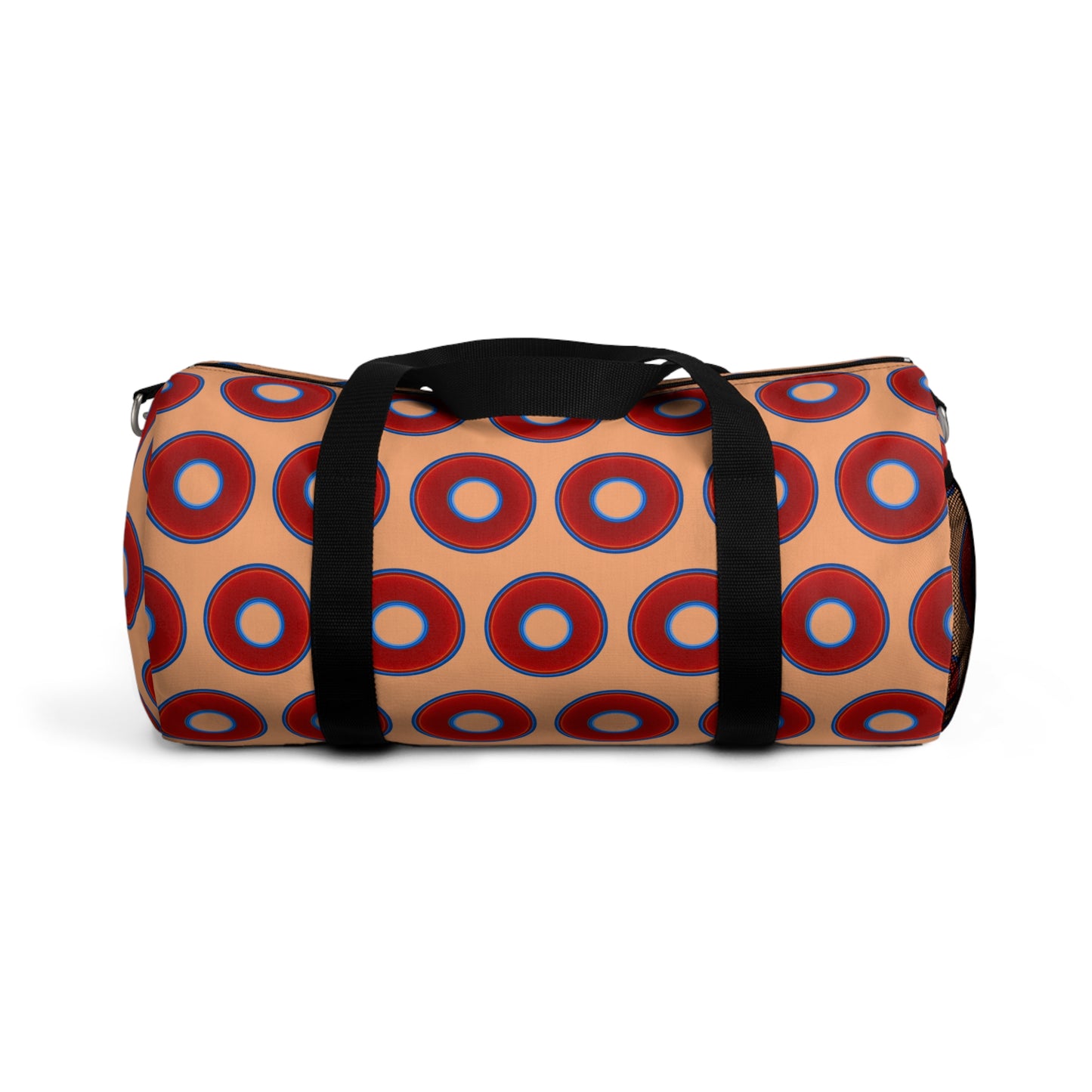 Lumpy Duffel - vivid red donuts w/peach background