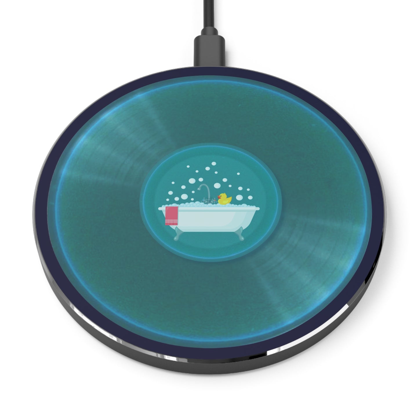 The Flow - Wireless Lumpy Donut Chargers - "Bathroom Fun Wireless Charger" - vivid aquamarine record donut w/dark navy background