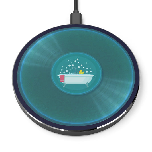 The Flow - Wireless Lumpy Donut Chargers - "Bathroom Fun Wireless Charger" - vivid aquamarine record donut w/dark navy background