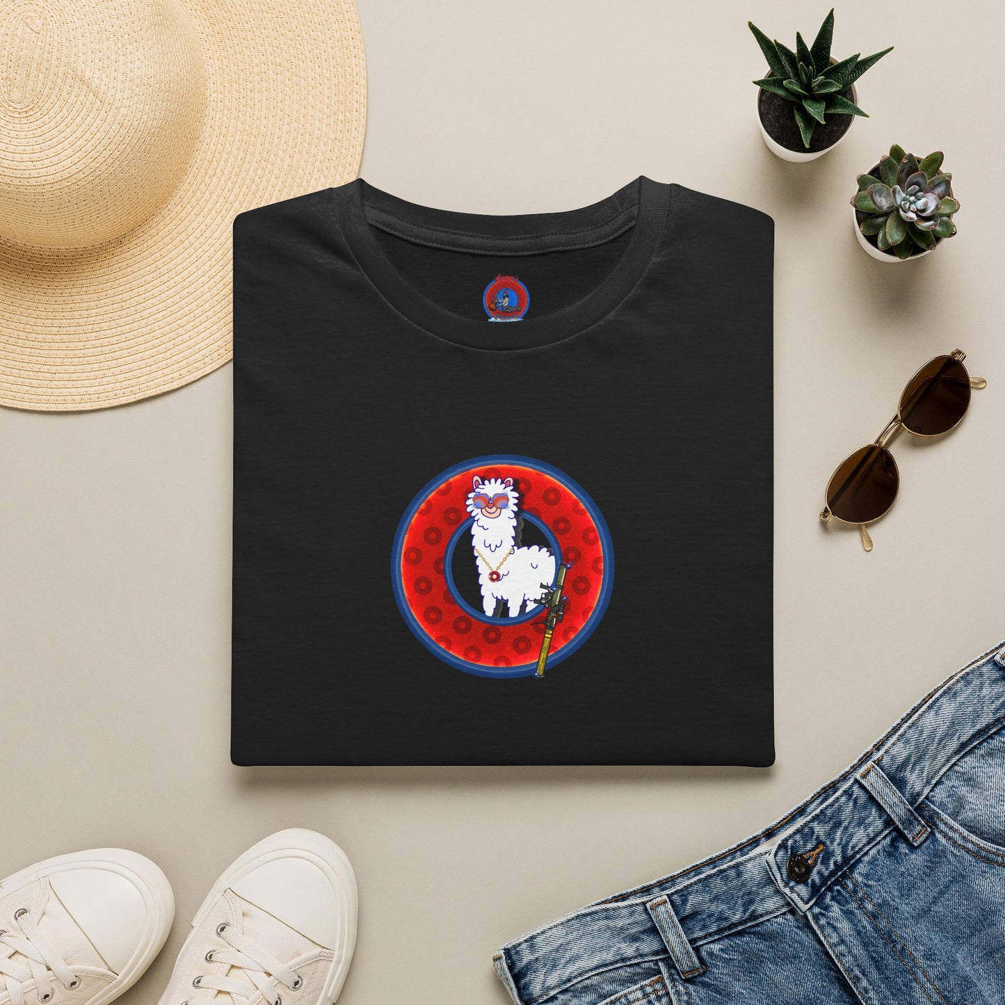 Classic Donut Tee - Unisex Soft-Style - "Medium Paced Llama Donut" - red/blue widemouthed paradox donut