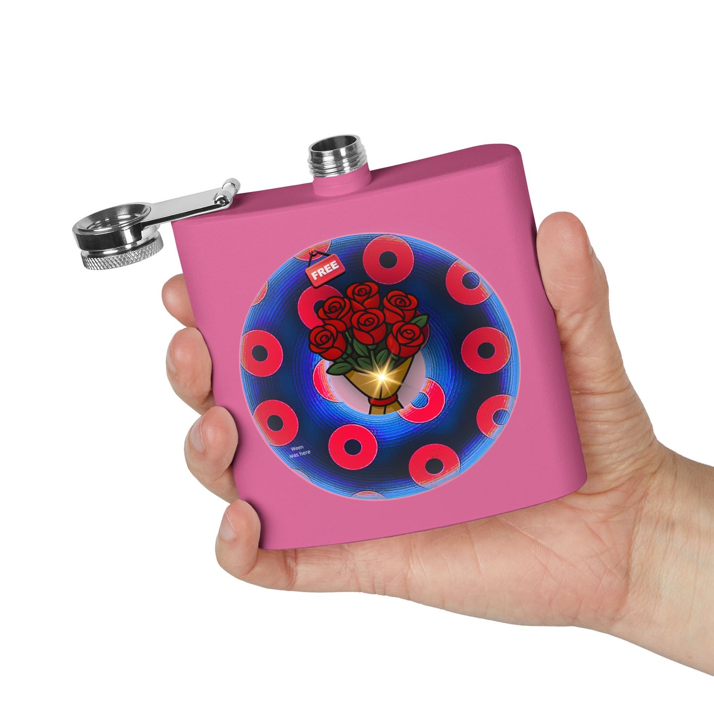 Lump's Donut Flask 6 oz -  "Donuts R Phree" - red/blue rustic donut - [*w/your choice of 6 backgrounds]