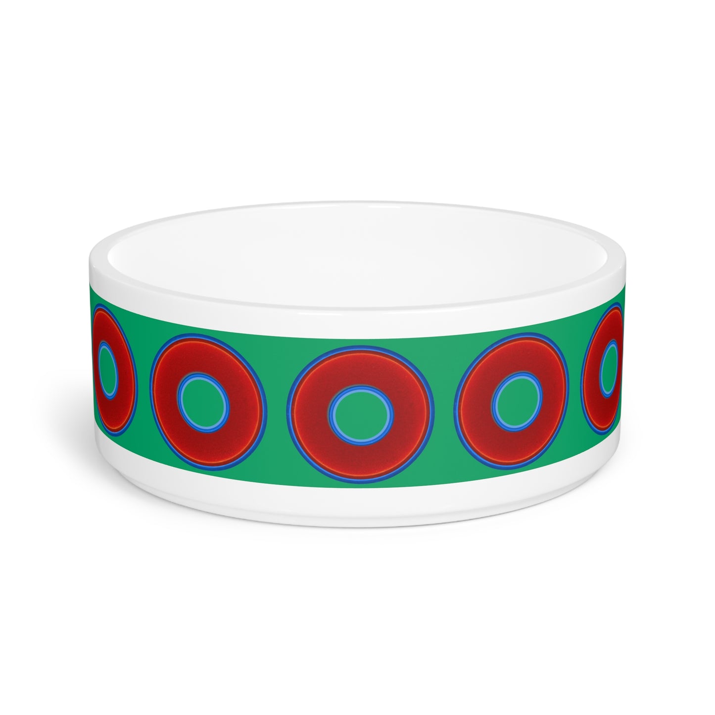 16 oz Lumpy Pet Bowl - vivid red donuts w/jade green background