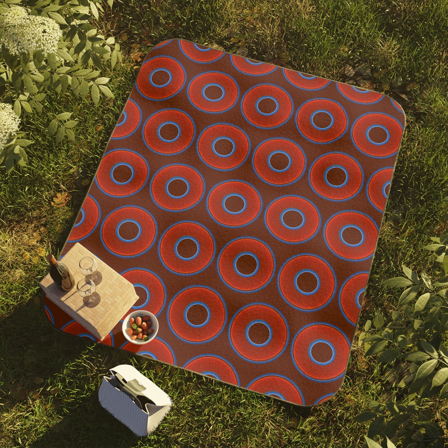 The Lumpy Party Blanket - giant water-resistant outdoor blanket [61" x 51"] - vivid red donuts w/dark red background