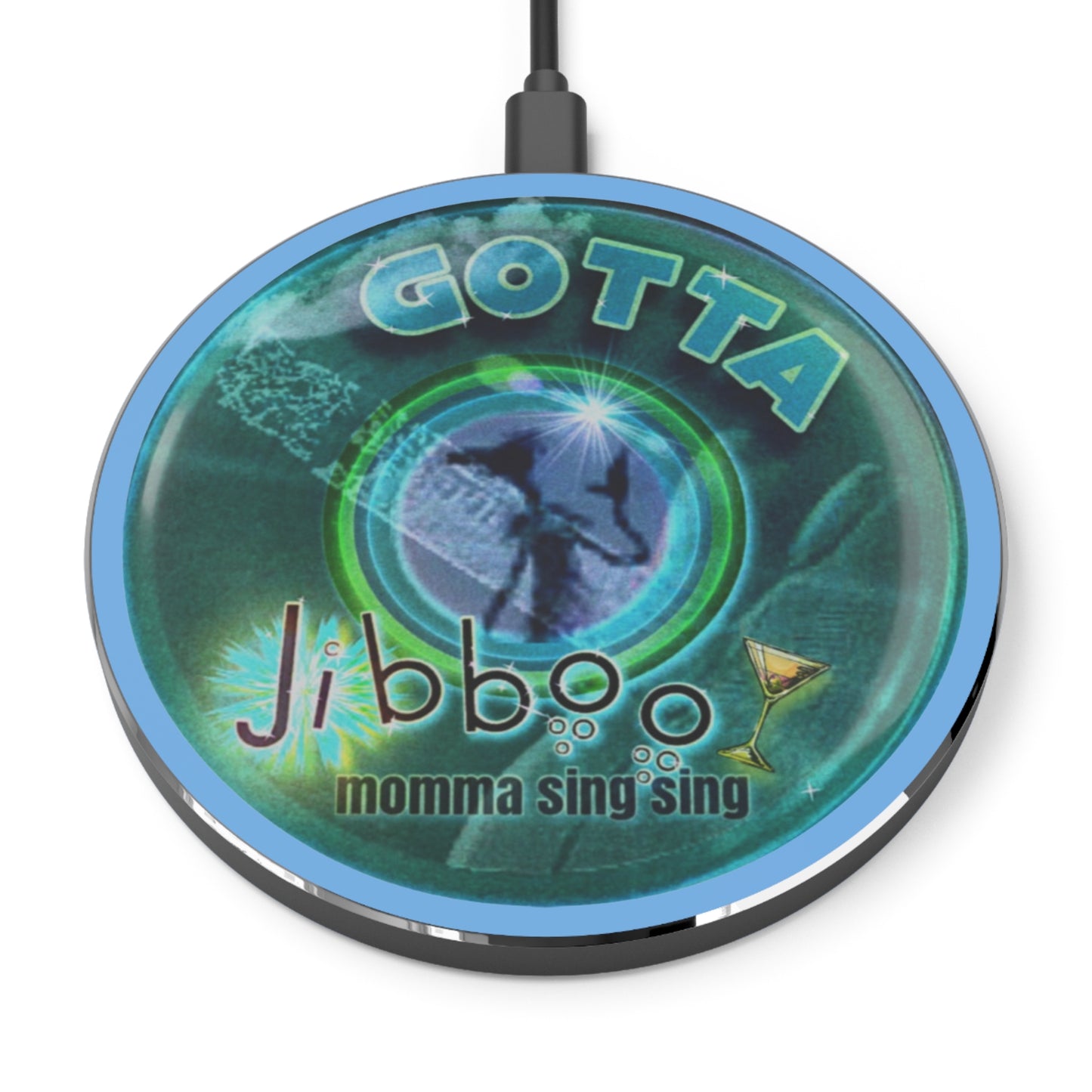 The Flow - Wireless Lumpy Donut Chargers - "Gotta Wireless Donut Charger?" - vivid dark teal donut w/light blue background