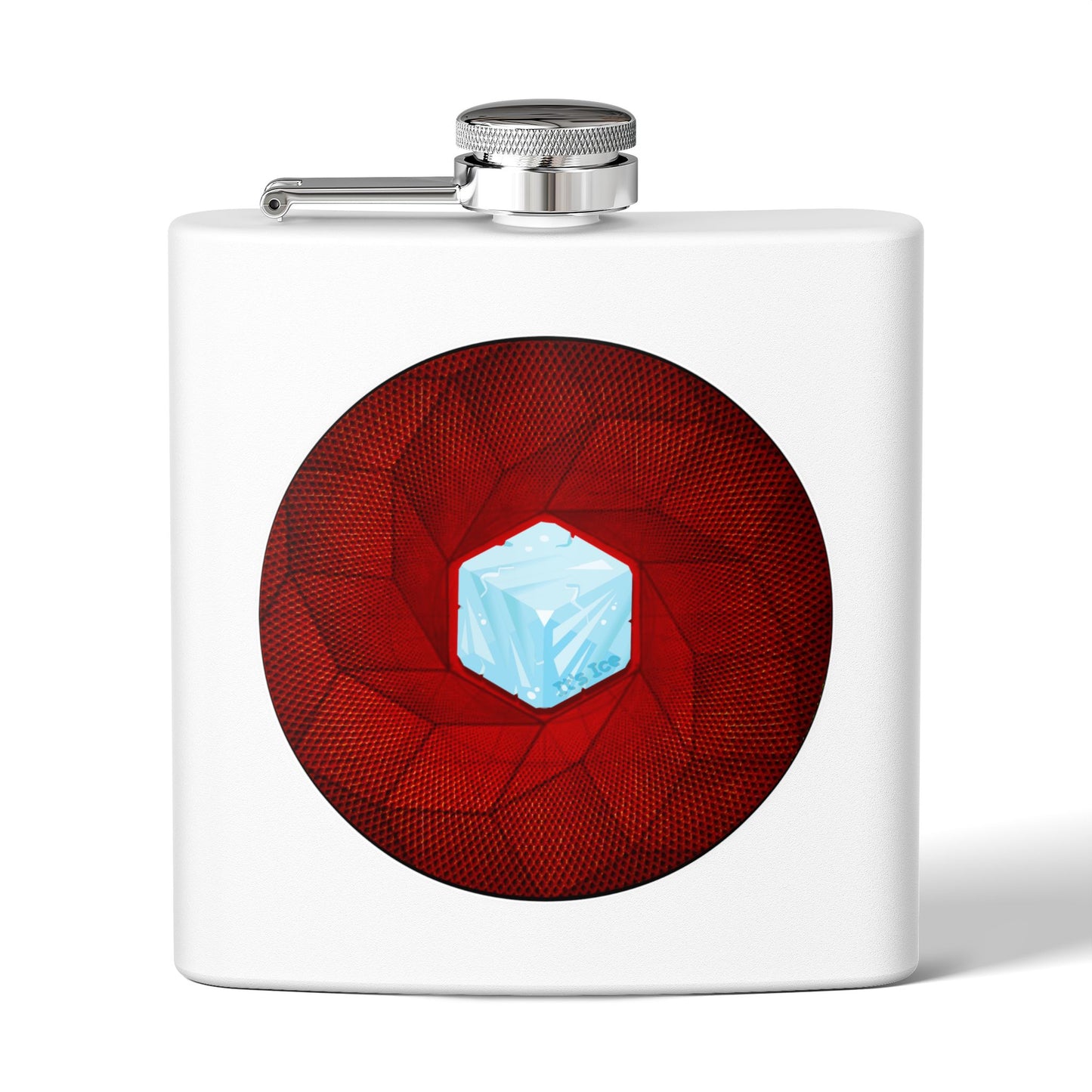 Lump's Donut Flask 6 oz -  "It's Ice... Cube's Donut Flask" - variant 1 - red cubed donut - [*w/your choice of 6 backgrounds]