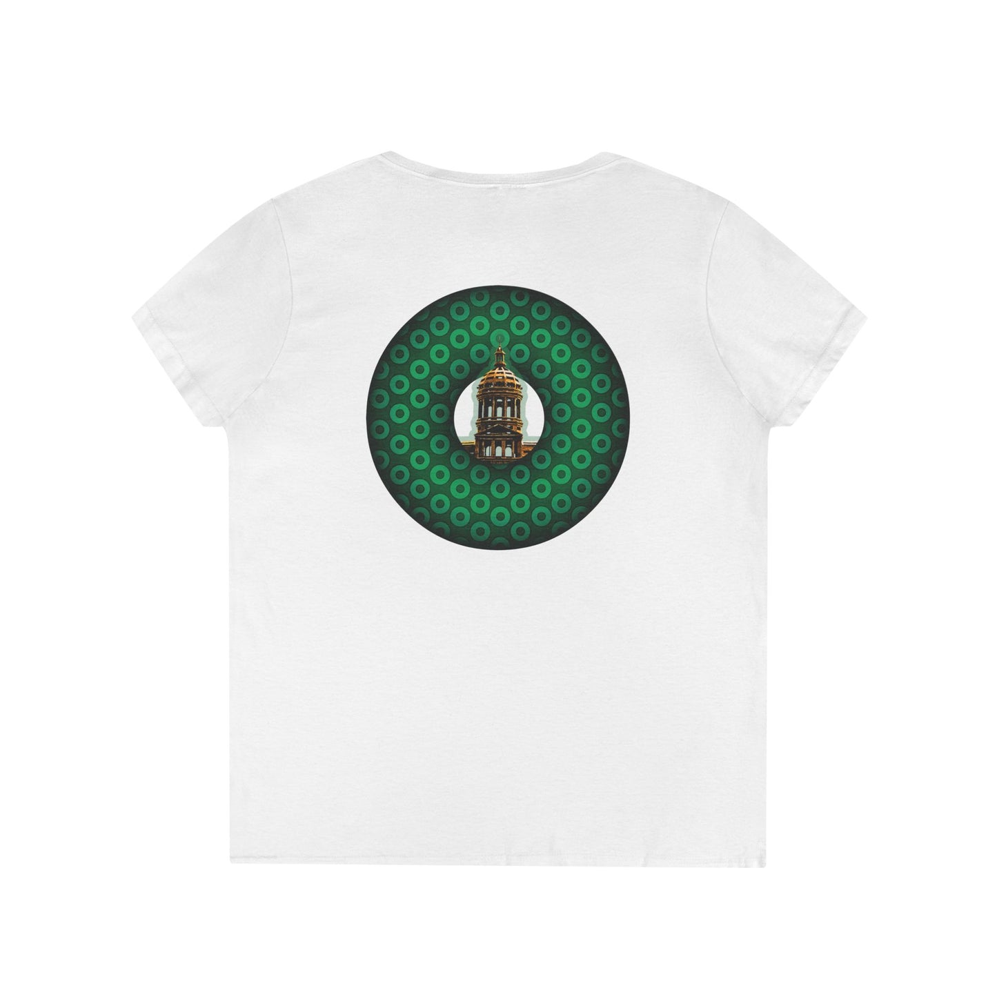 Women's Donut V-Neck Tee - "Save the Mondegreen City Hall Clock Tower" - variant 2 - green/green paradox donut w/