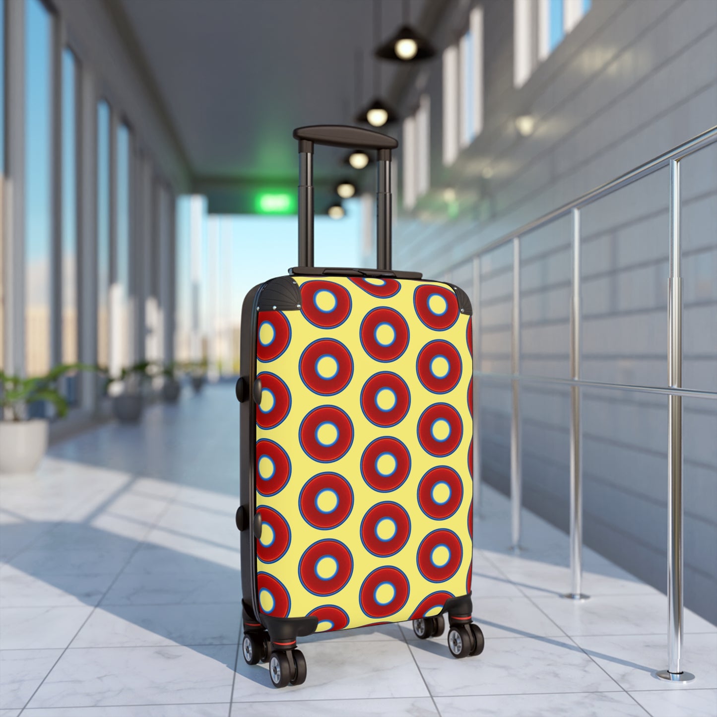 The Very Lumpy Donut Suitcase series - your choice of S, M or L - vivid red donut print w/yellow background