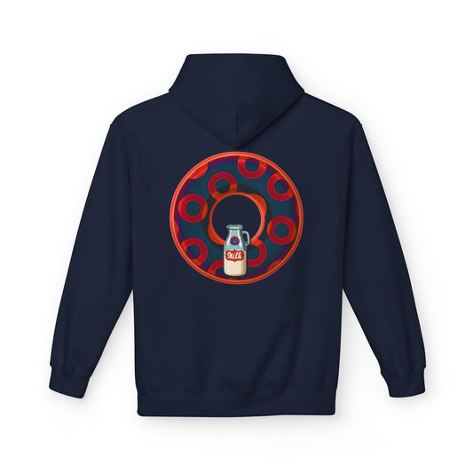 Fleece Harry Hoodies [Midweight Soft-style] - "Wooked Cream Dairy - YEMSG Donut" - navy blue/red rustic paradox donut - variant 3