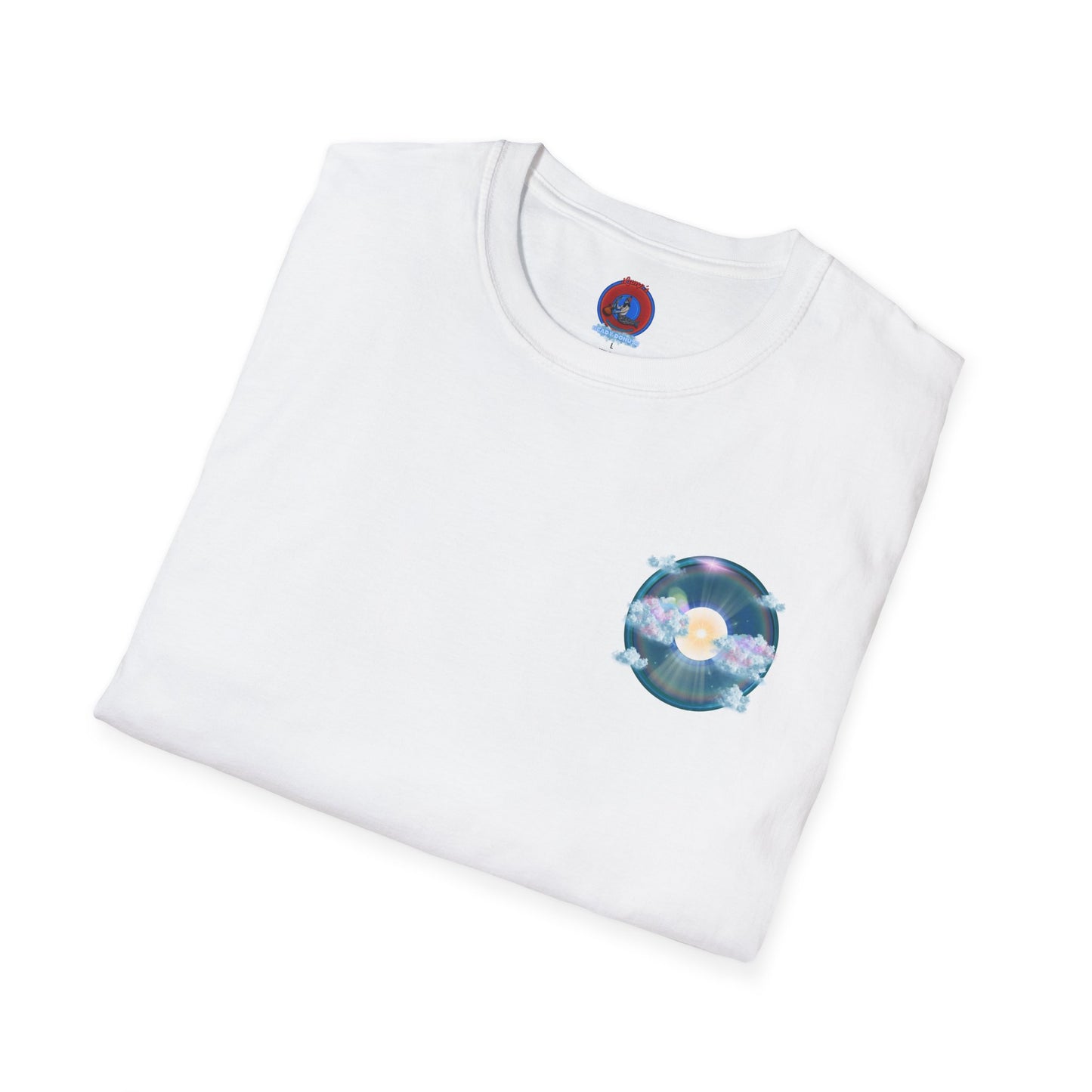 Classic Donut Tee - Unisex Soft-Style - "The Divided Donut" - variant 2 - blue donut  w/hole & sun [*50% to The Divided Sky Foundation]