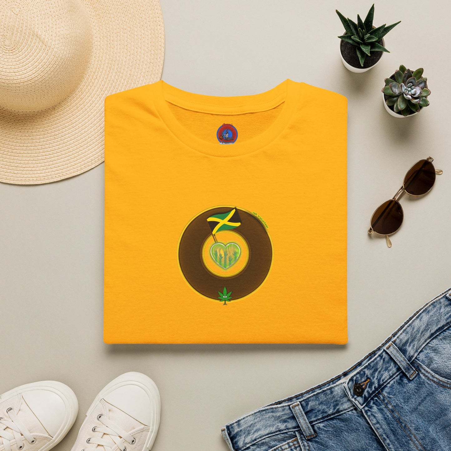 Classic Donut Tee - Unisex Soft-Style - "Jah Volunteers Protect Jah Love... and donuts!" - vivid brown/gold donut