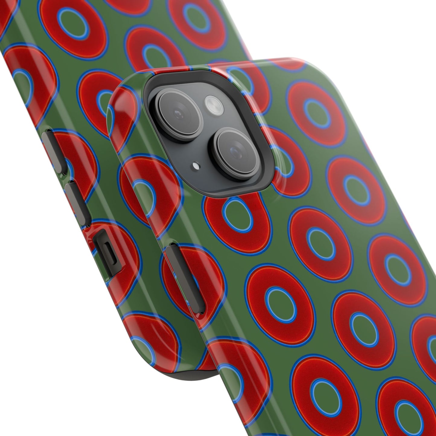 Impact-Resistant Lumpy Donut Case - red vivid donut print w/dark green background
