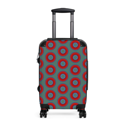 The Very Lumpy Donut Suitcase series - your choice of S, M or L - vivid red donut print w/Fenway green background