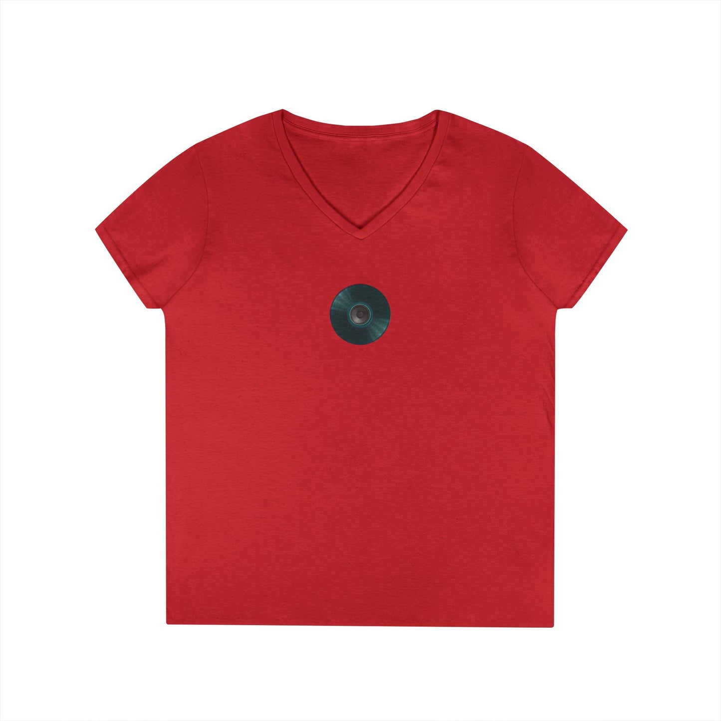 Women's Donut V-Neck Tee - "Speaker Donut" - vivid teal record donut w/