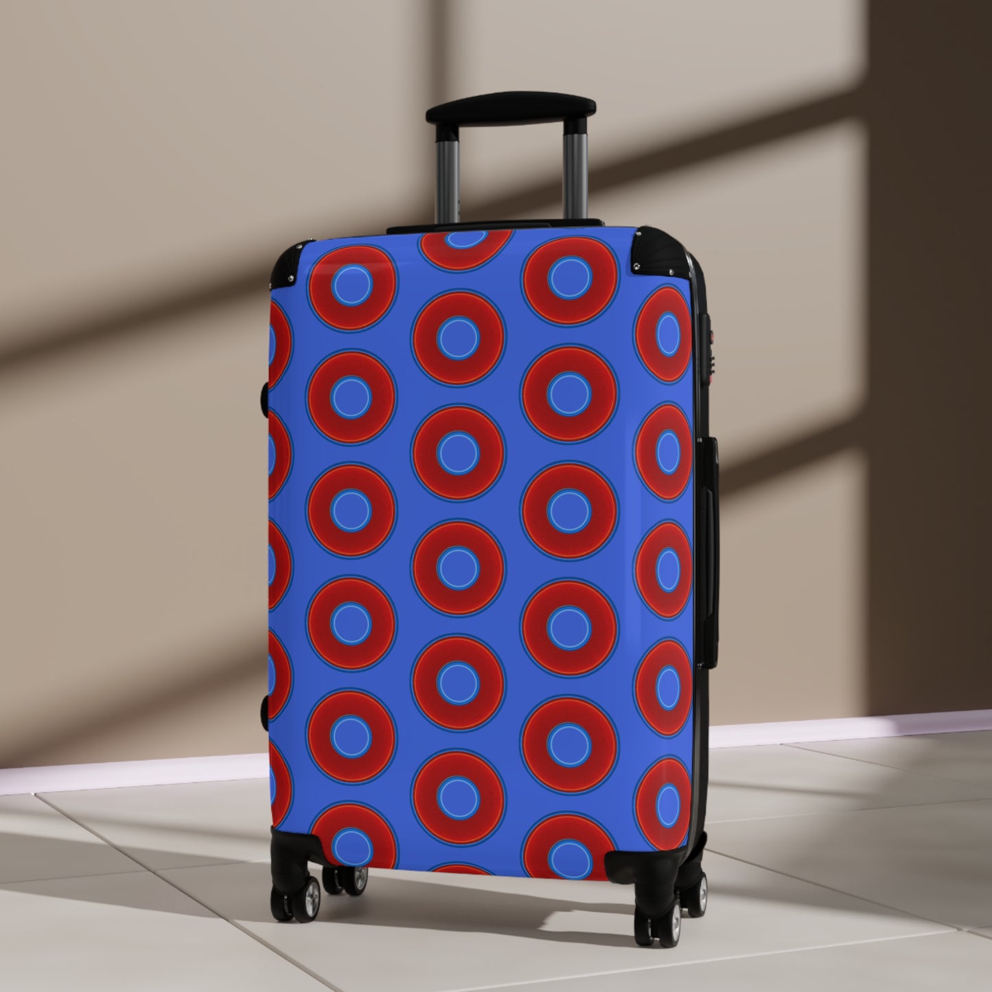 The Very Lumpy Donut Suitcase series - your choice of S, M or L - vivid red donut print w/royal blue background