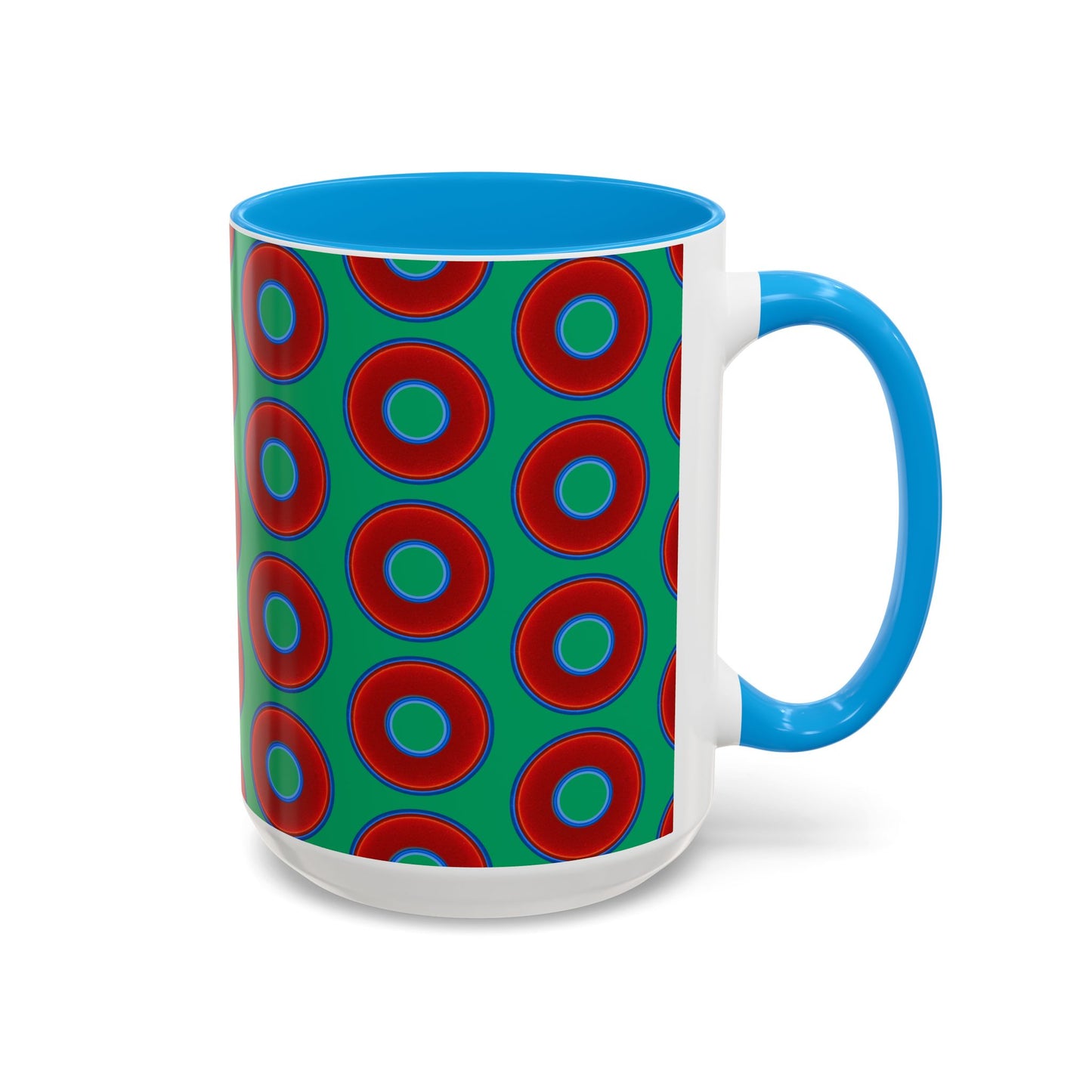 Lump's Grumpy Coffee Mug - vivid red donuts w/jade green background