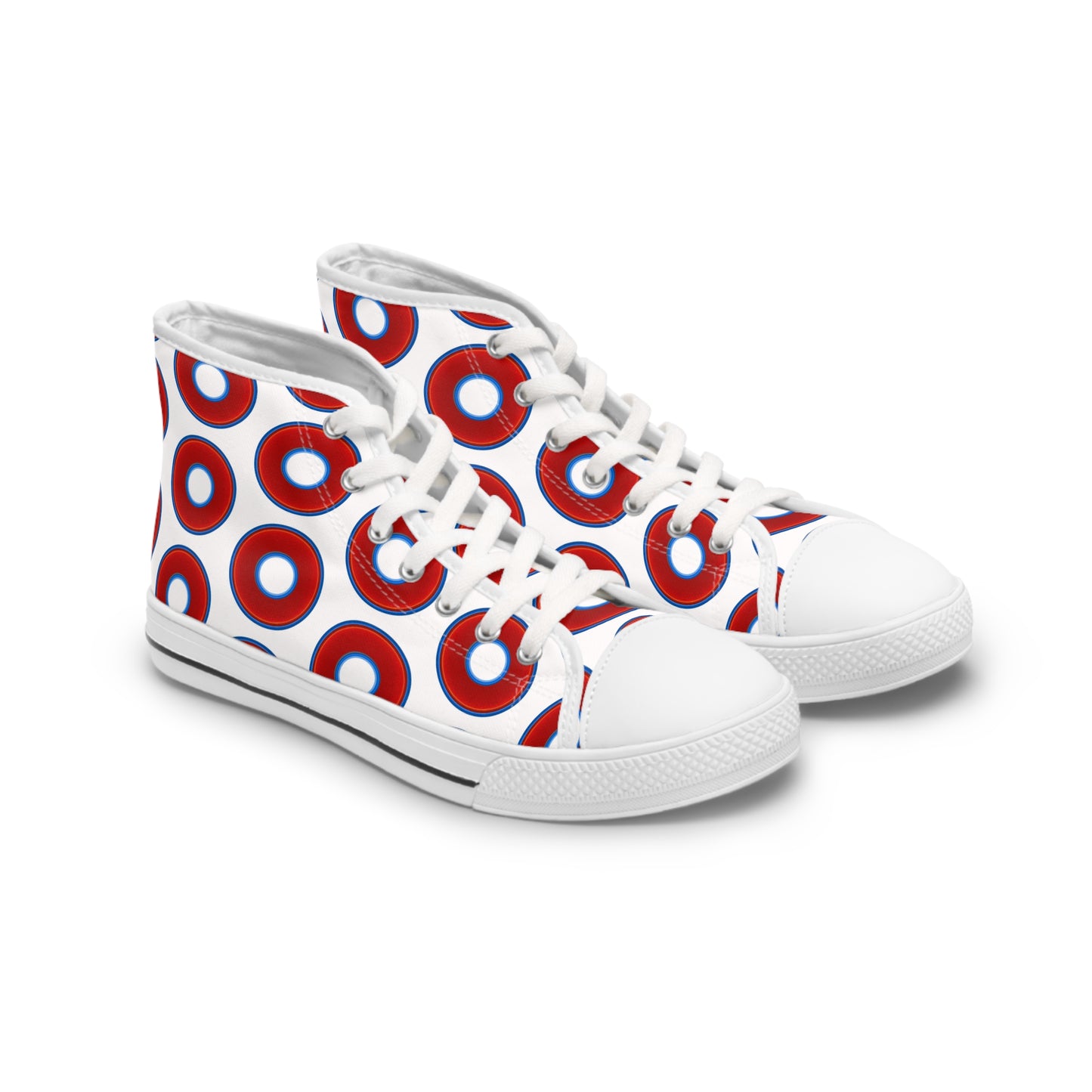 Women's High Top Chuck Taylors - large vivid red donut print w/white background