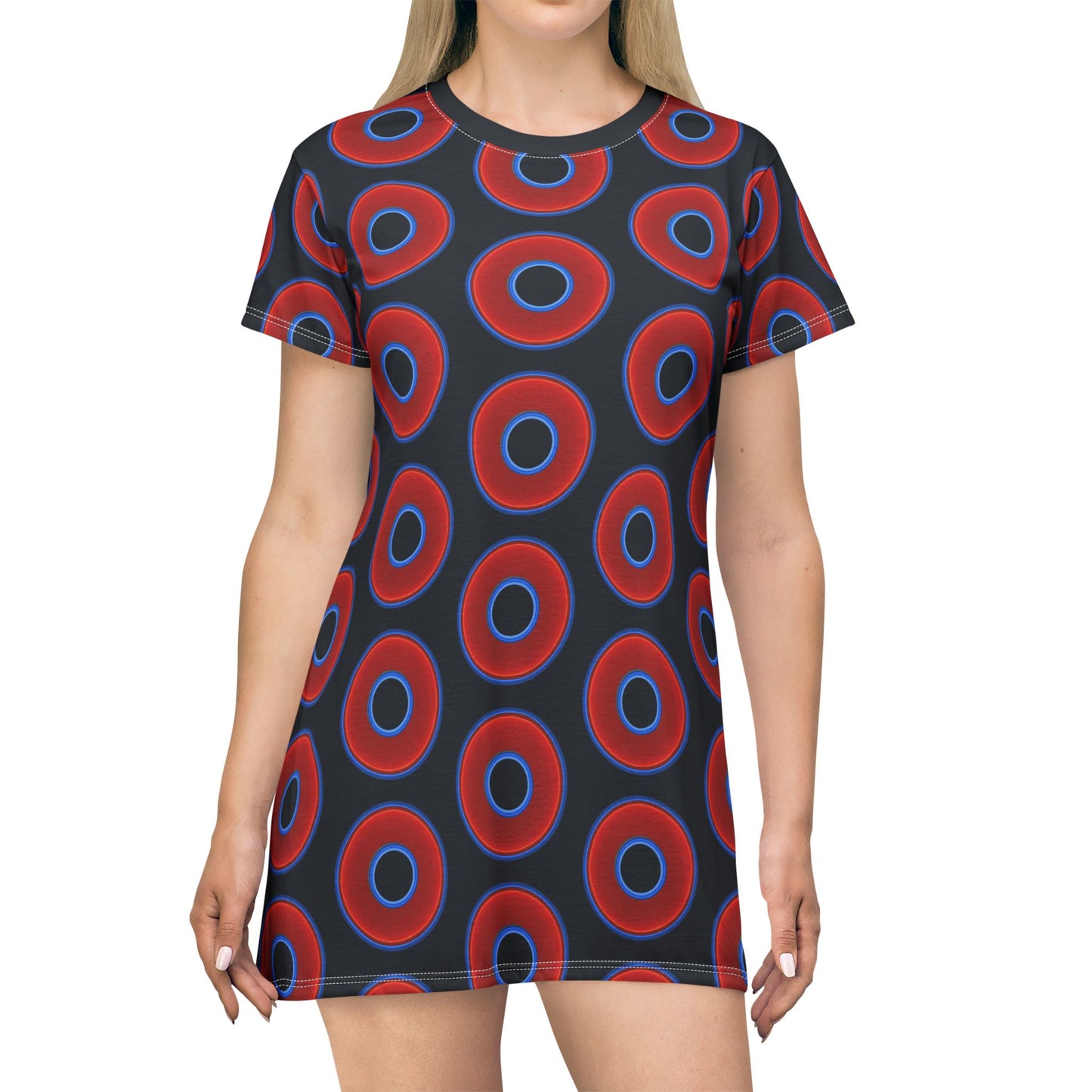 Not a Muumuu AOP Tee Shirt Dress - red vivid donuts w/midnight blue background