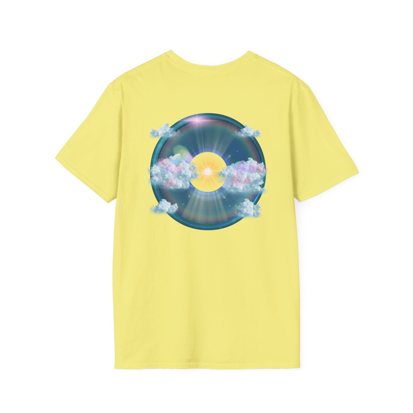 Classic Donut Tee - Unisex Soft-Style - "The Divided Donut" - variant 2 - blue donut  w/hole & sun [*50% to The Divided Sky Foundation]