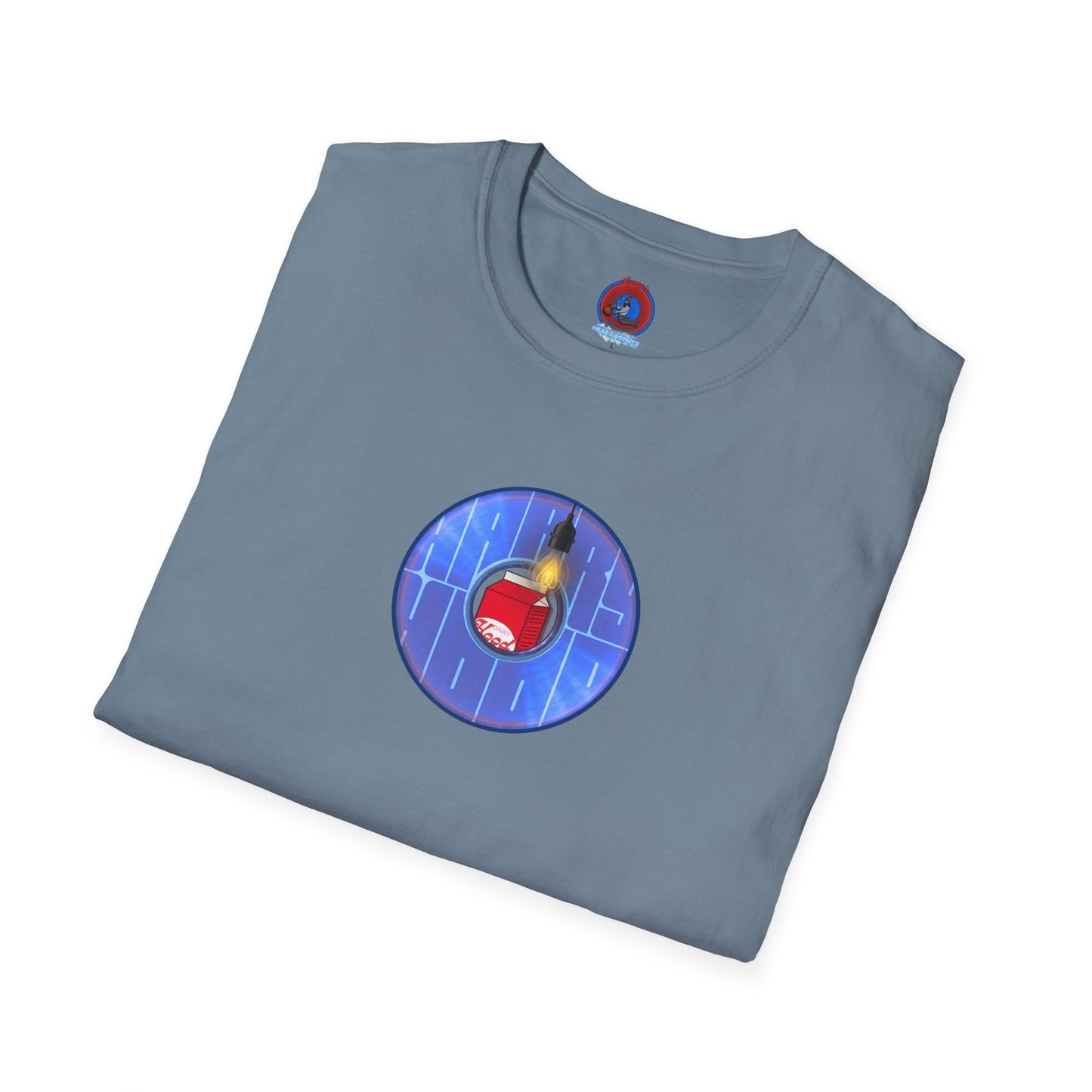 Classic Donut Tee - Unisex Soft-Style - "Harry Left His Donut Shirt" - series 1.0  - variant 4 - purple/blue donut - w/milk & light on