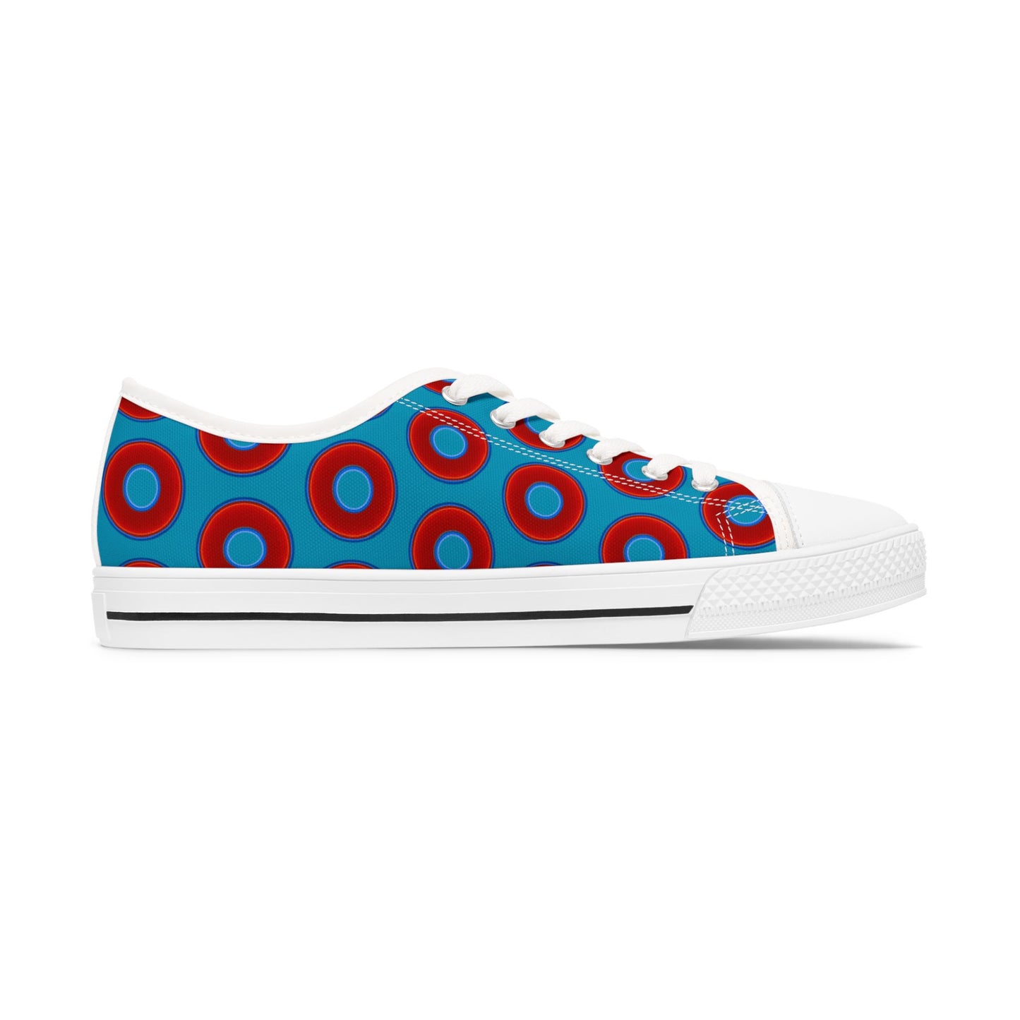 Women's - Low Top Chuck Taylors - large vivid red donut print w/aquamarine blue background