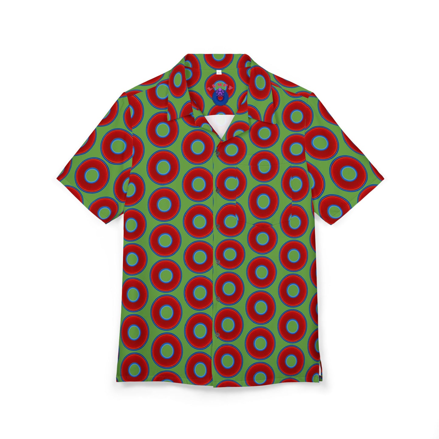 Wilson's 'Epic Hawaiian-Punch' Shirt - vivid red donut print w/light green background [unisex]