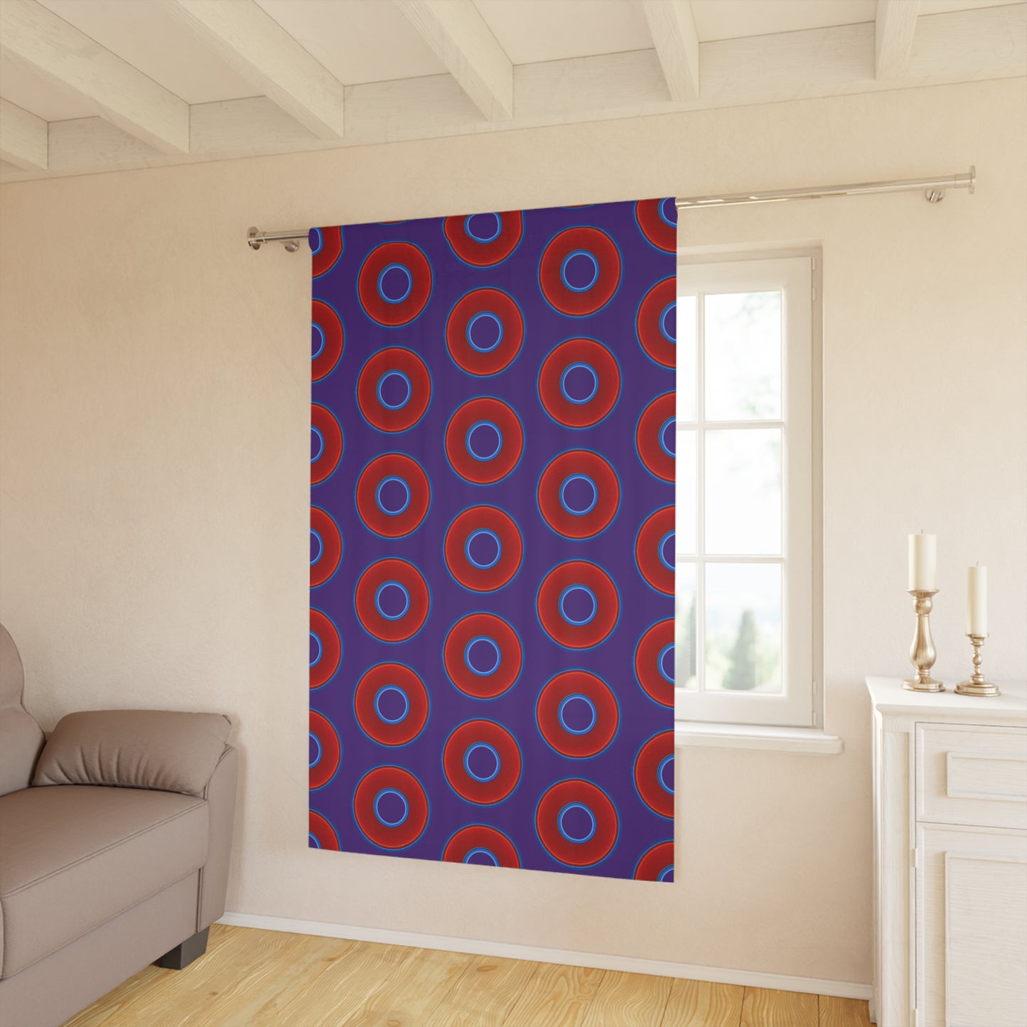 Lump's Heady Curtain w/Donuts - vivid red donut print - w/dark purple background - [*1 Piece / 50" x 84"]