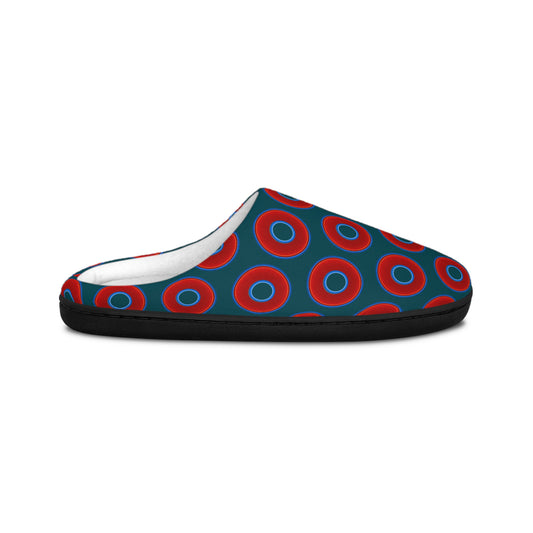 Men's Lumpy Slippers - red vivid donut print w/midnight teal green background