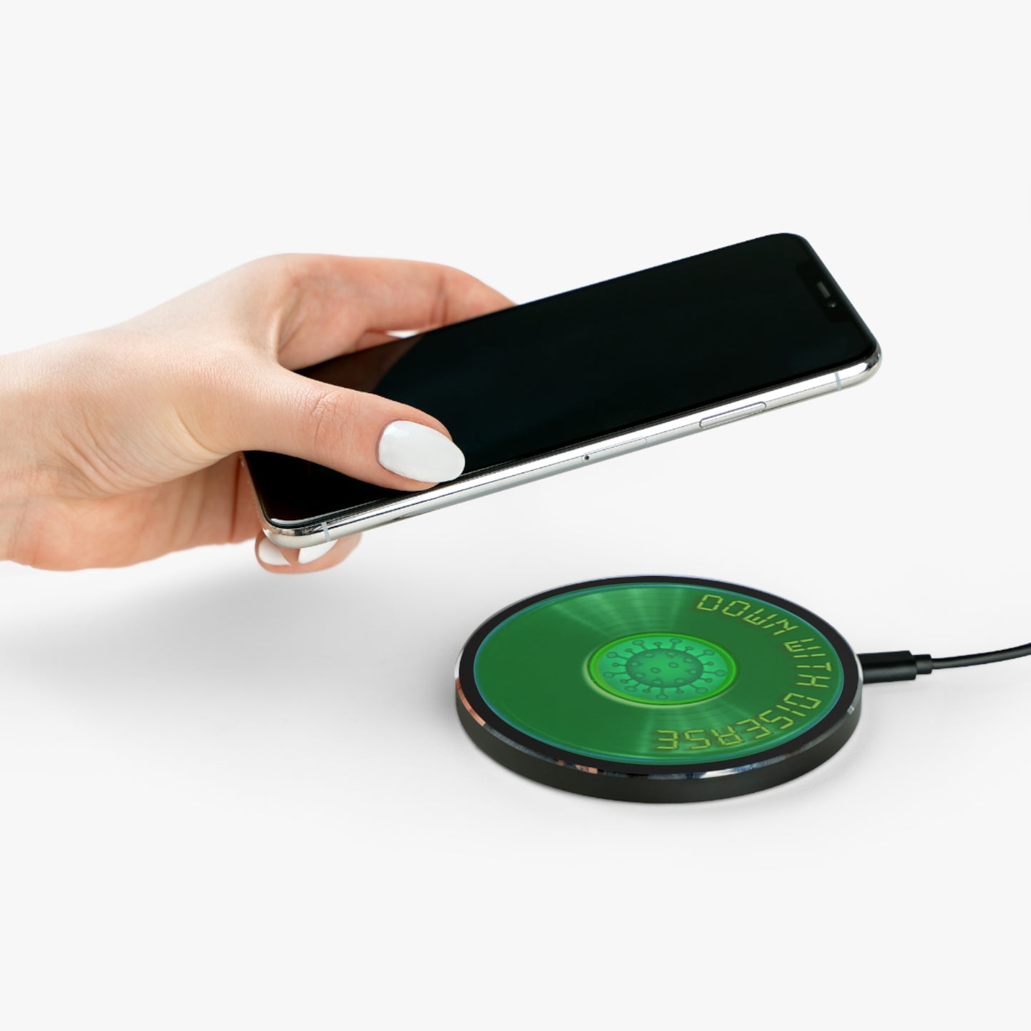 The Flow - Wireless Lumpy Donut Chargers - "Down w/this Donut Charger" - vivid green record donut w/black background