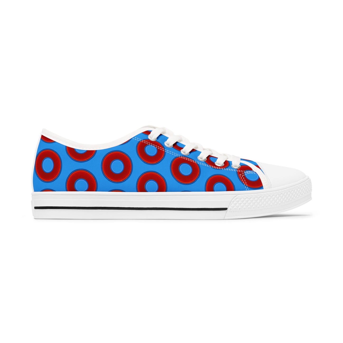 Women's - Low Top Chuck Taylors - large vivid red donut print w/sky royal blue background
