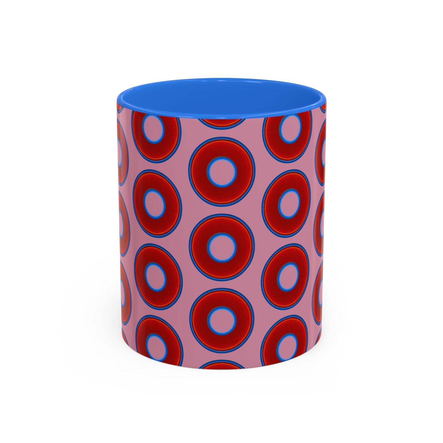 Lump's Grumpy Coffee Mug - vivid red donuts w/pink background