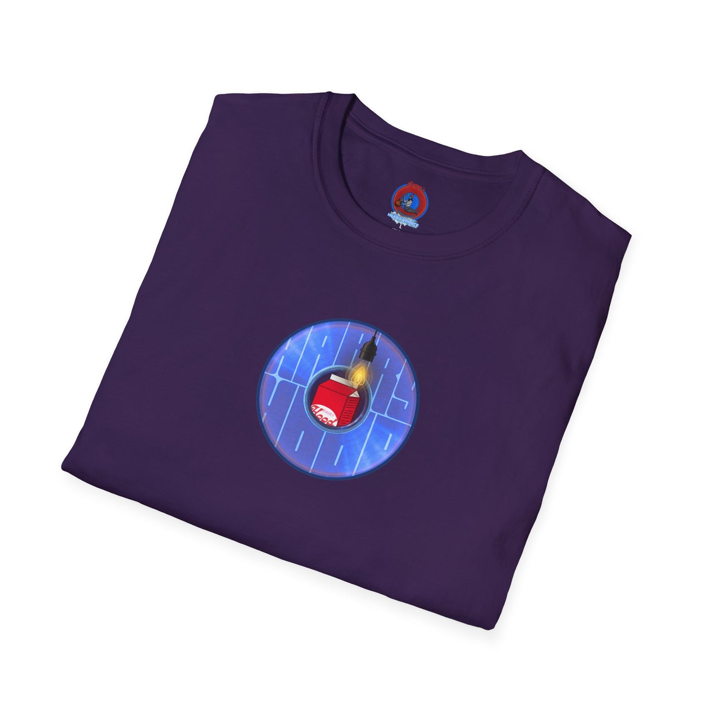 Classic Donut Tee - Unisex Soft-Style - "Harry Left His Donut Shirt" - series 1.0  - variant 4 - purple/blue donut - w/milk & light on