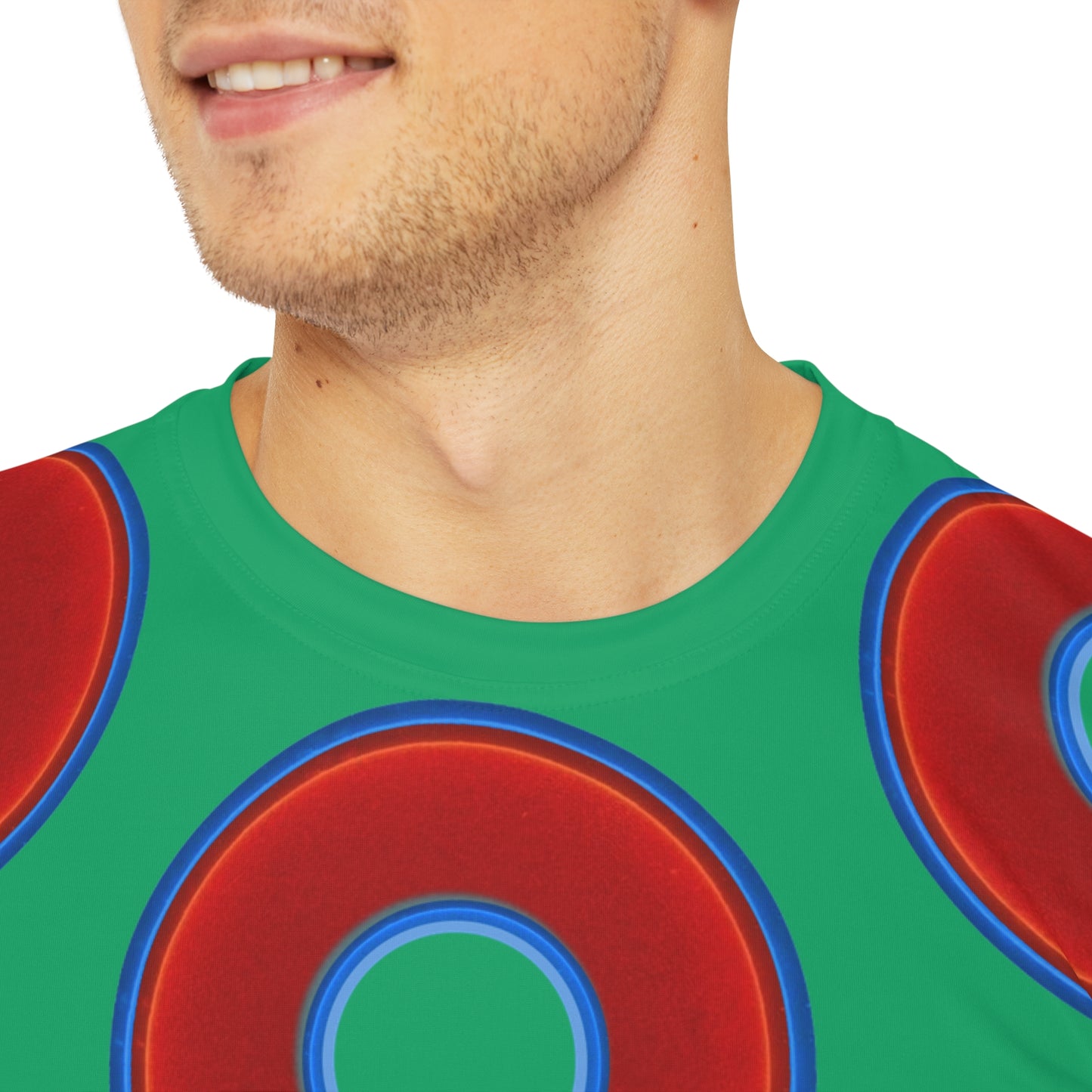 Multi-Beastie Giant Donut AOP Polyester Tee - red vivid donut print w/jade green background