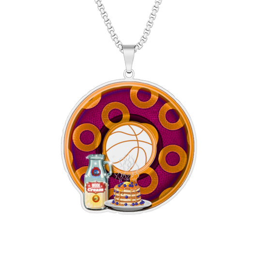Lump's Heady Donut Necklace - 1" x 1" Stainless Steel Pendant - "Wooked Cream Dairy - YEMSG Donut - Princely Edition" - burgundy/orange rustic paradox donut - w/pancakes - variant 2