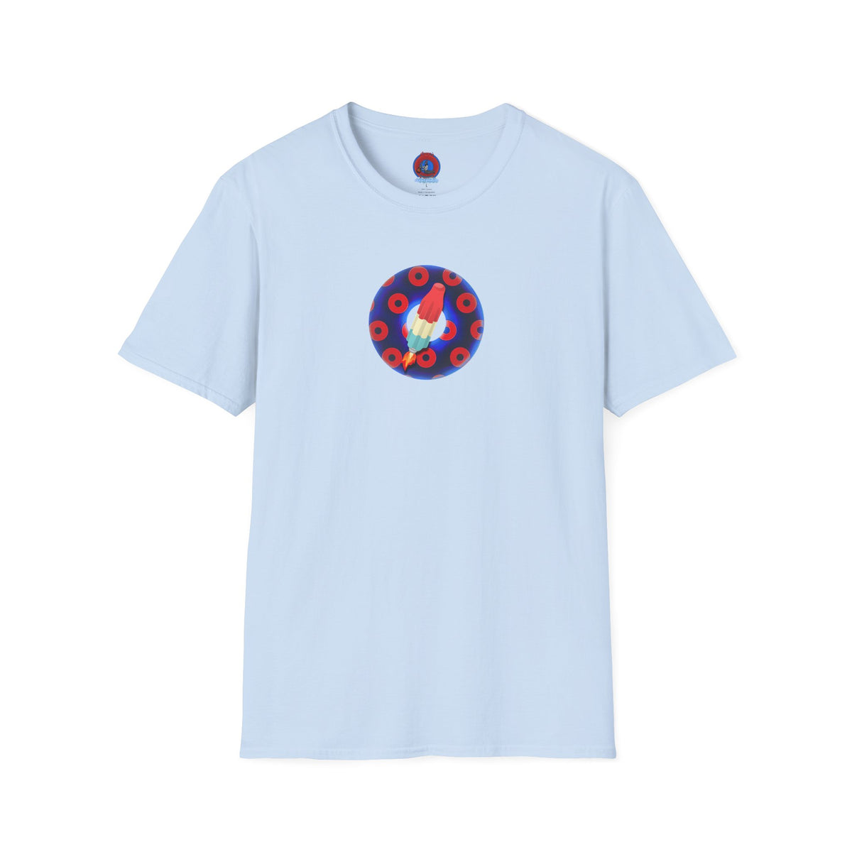 Classic Donut Tee - Unisex Soft-Style - "Blow this Popsicle Stand" - blue/red paradox bomb pop donut - variant 1