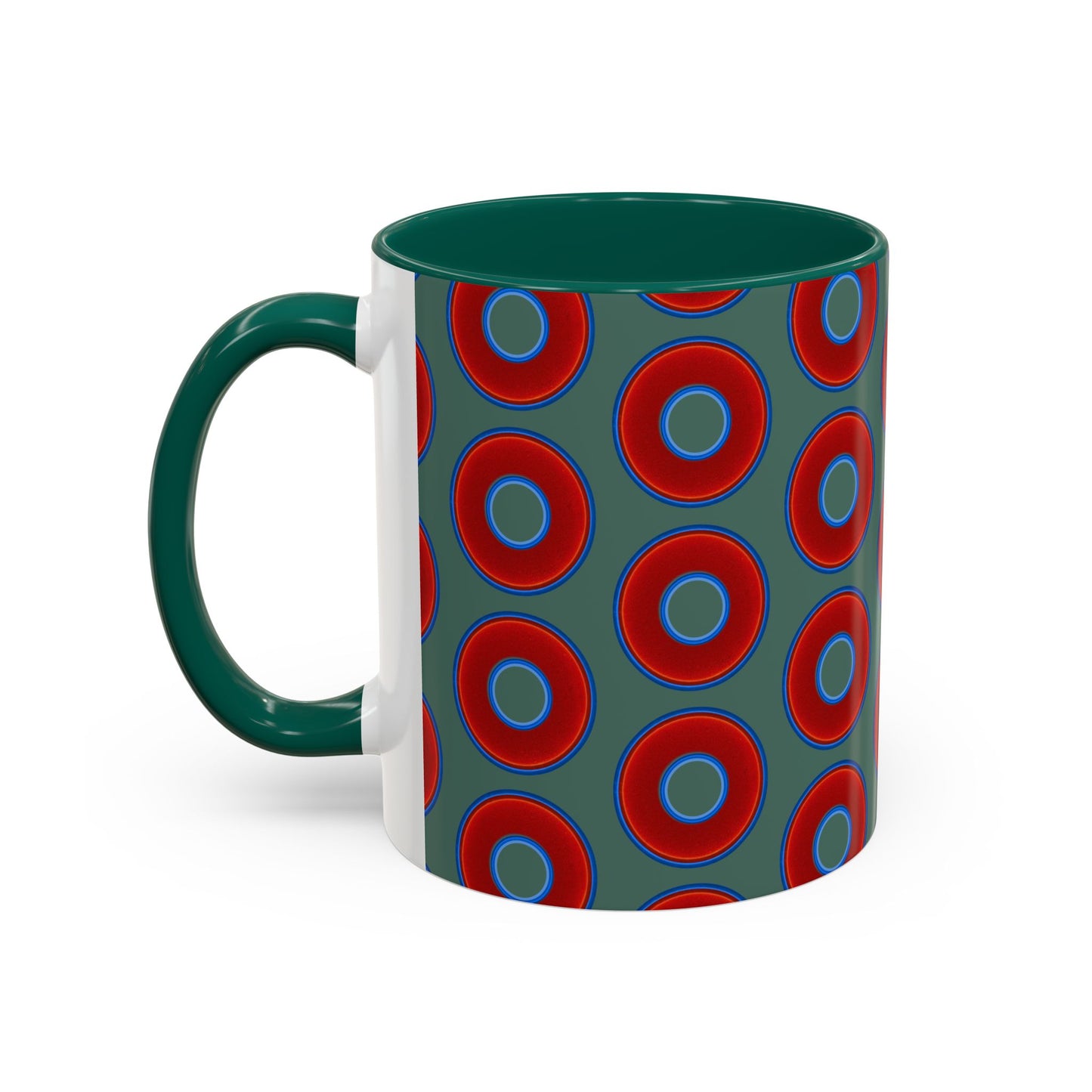 Lump's Grumpy Coffee Mug - vivid red donuts w/Fenway green background