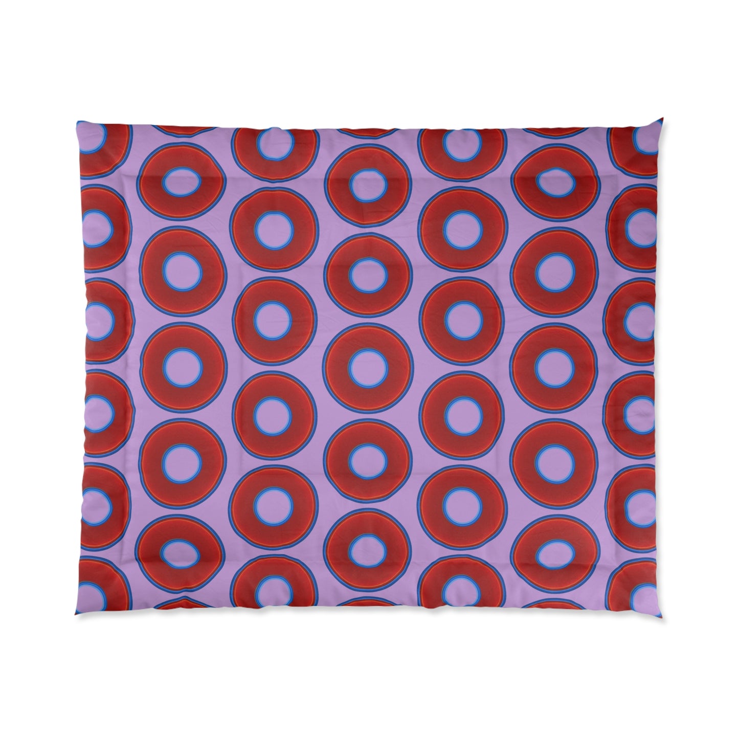 The Very Lumpy Comforter - vivid red donuts w/wisteria purple background