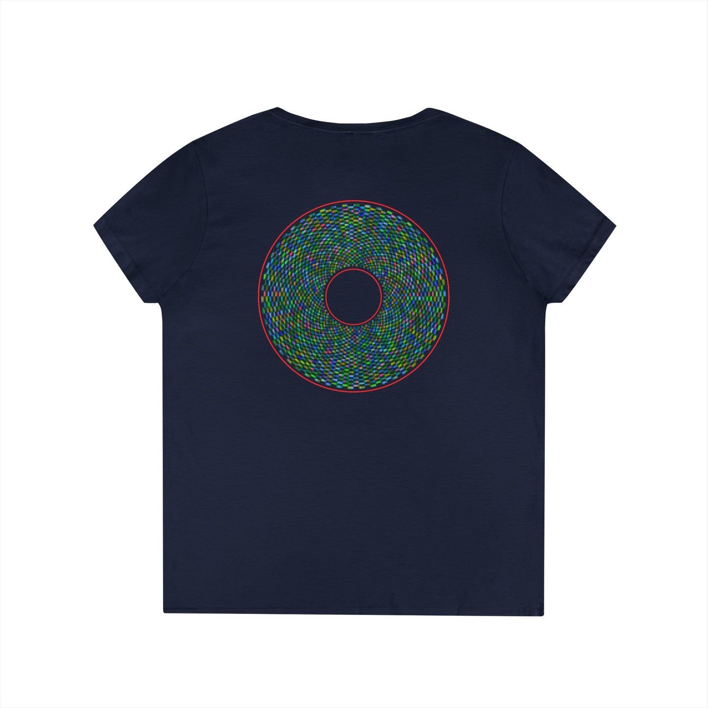Women's Donut V-Neck Tee - "The Pixilated Donut" - multicolor pixel donut w/wide red outline