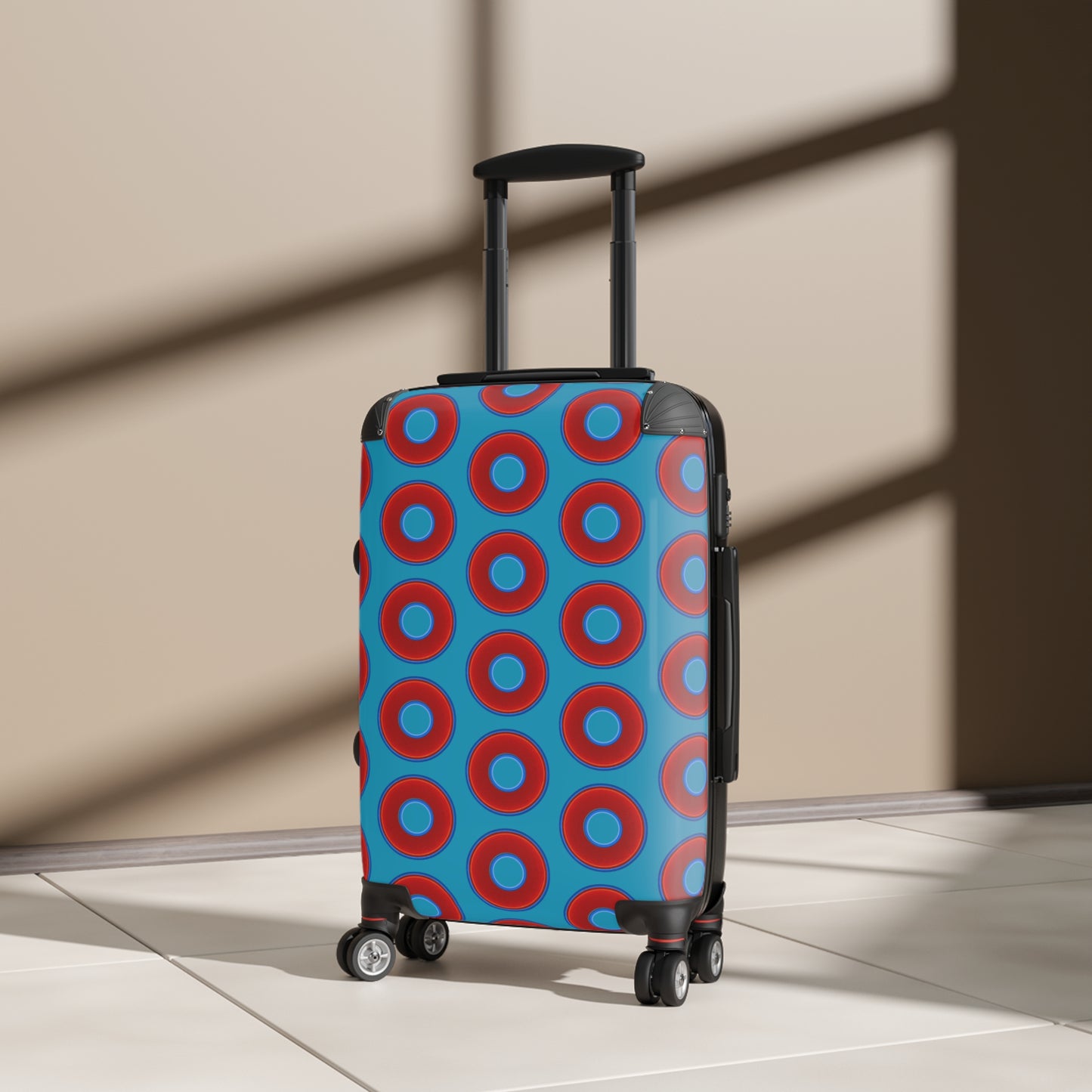 Very Lumpy Donut Suitcase series - your choice of S, M or L - vivid red donut print w/aquamarine blue background
