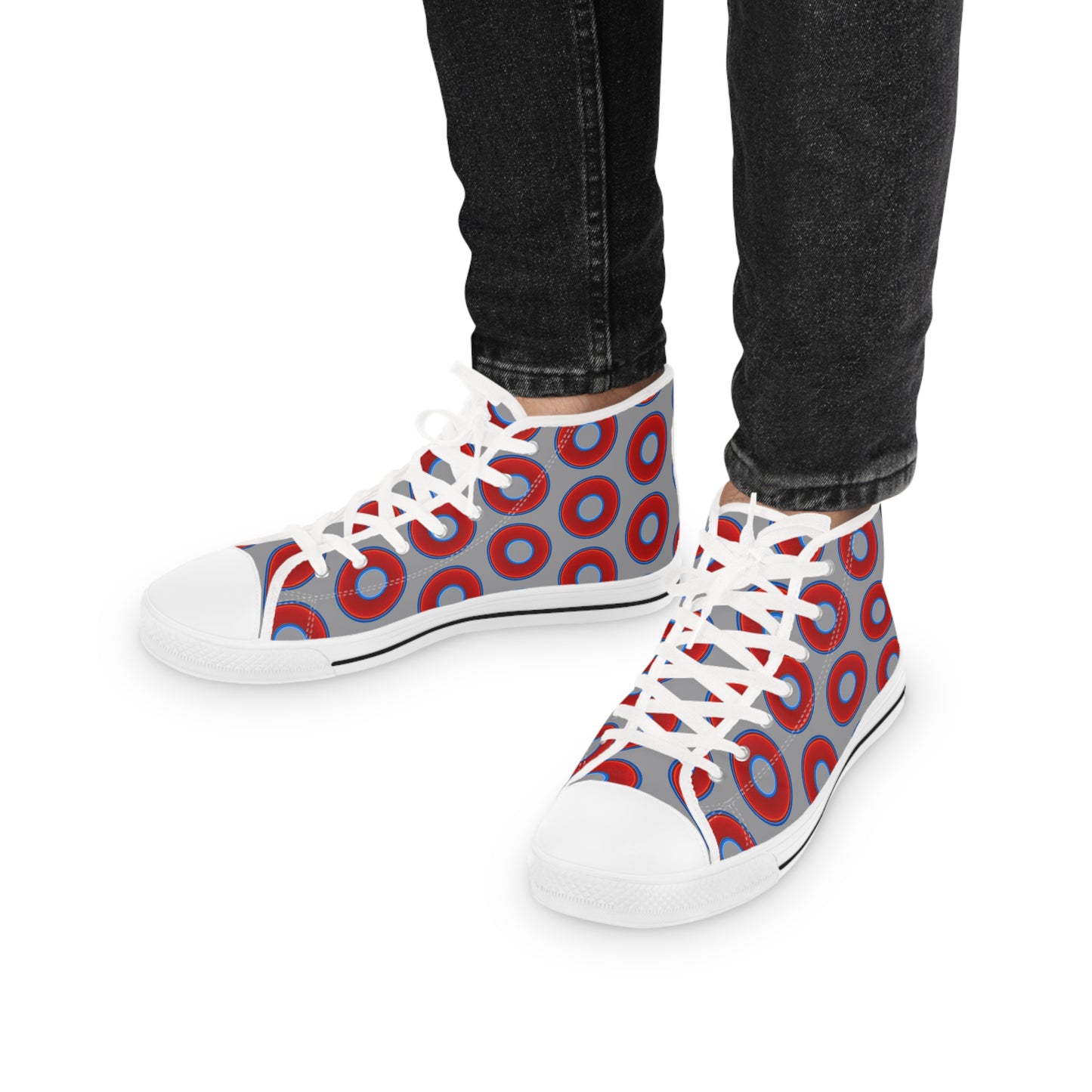 Men's High Top Chucks - large vivid red donut print w/gray background