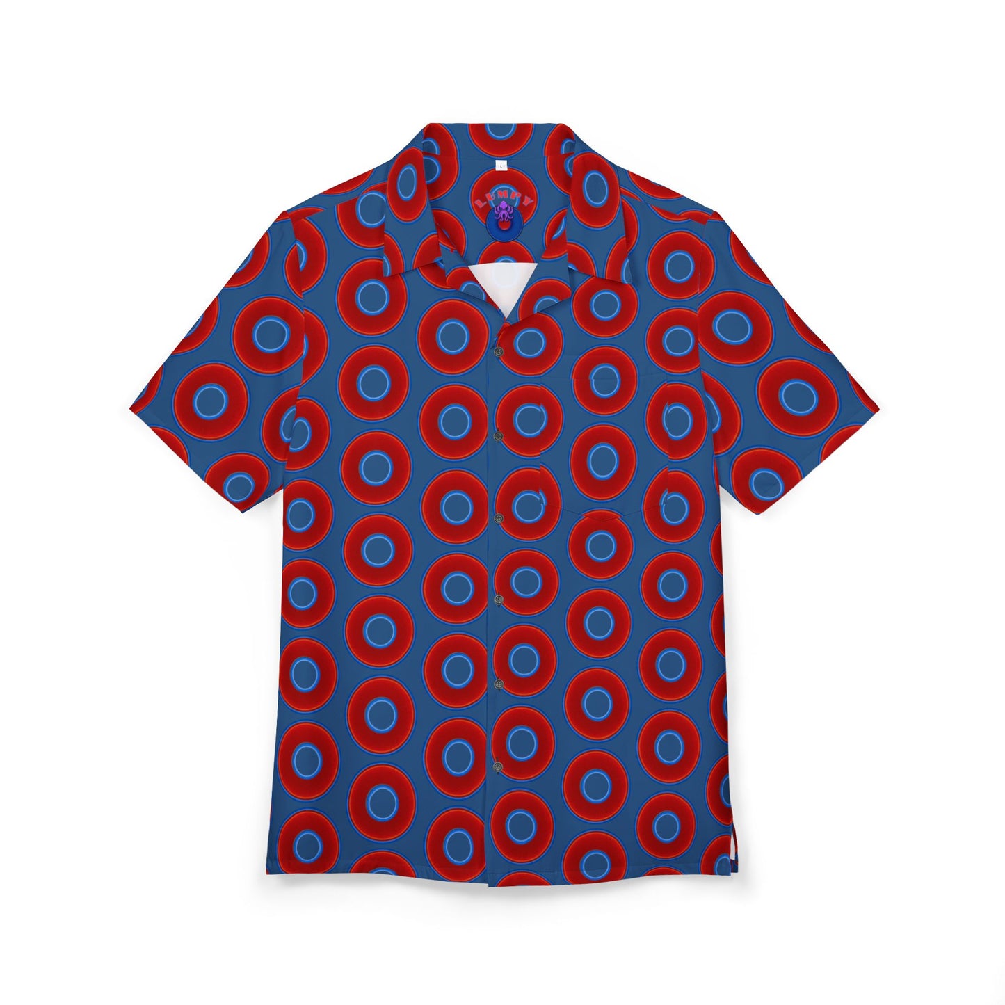 Wilson's 'Epic Hawaiian-Punch' Shirt - vivid red donut print w/light navy blue background [unisex]